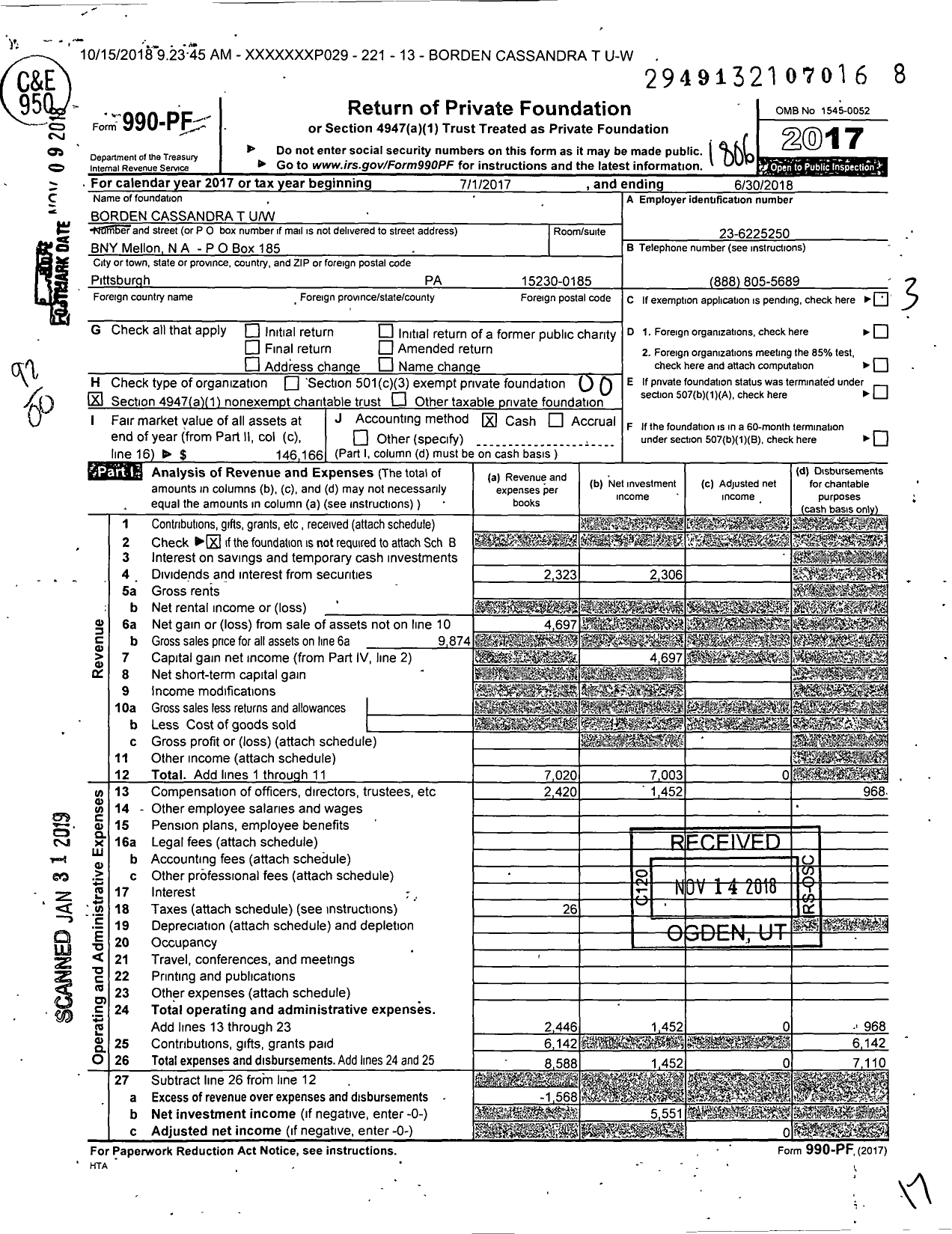 Image of first page of 2017 Form 990PF for Borden Cassandra T Uw