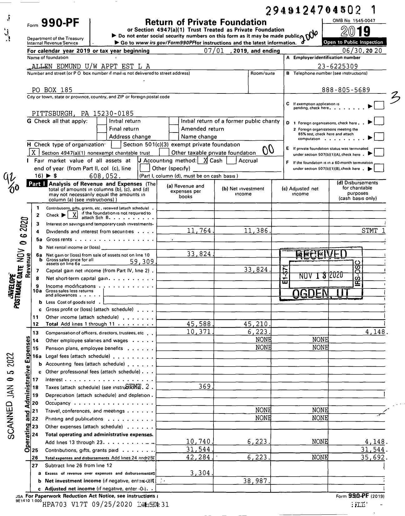 Image of first page of 2019 Form 990PF for Allen Edmund Uw Appt Est L A