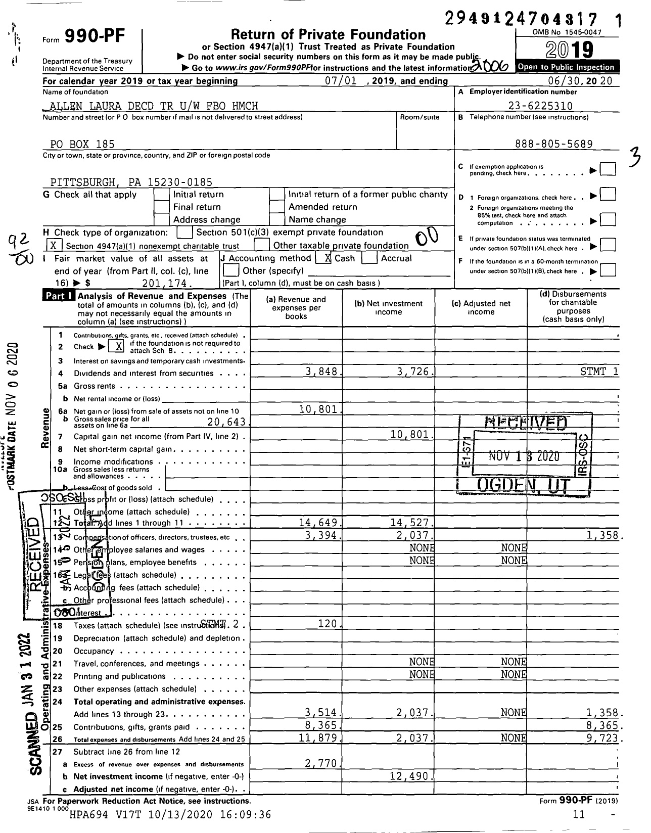 Image of first page of 2019 Form 990PF for Allen Laura Decd TR Uw Fbo HMCH