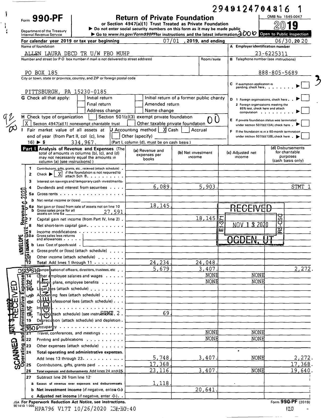 Image of first page of 2019 Form 990PF for Allen Laura Decd TR Uw Fbo Muhp