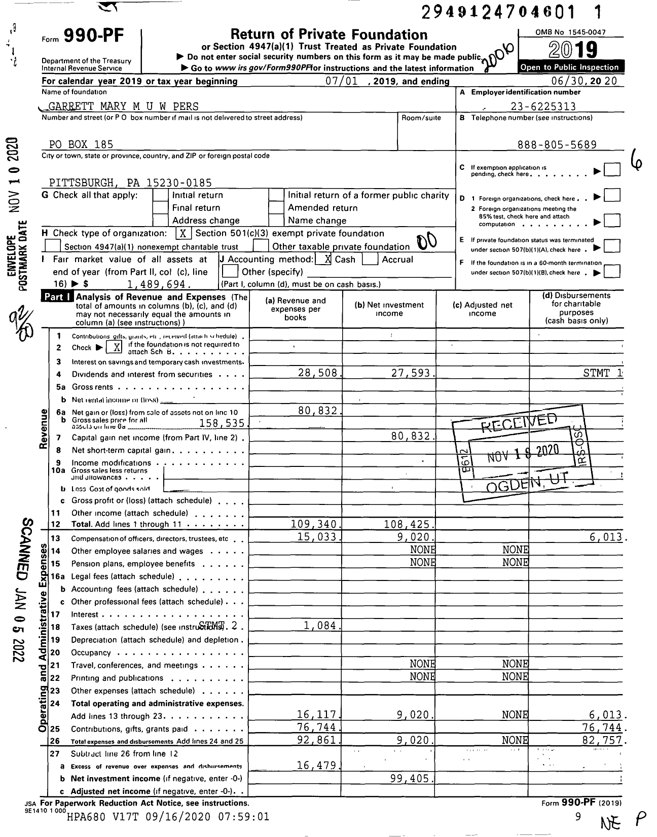 Image of first page of 2019 Form 990PF for Garrett Mary M U W Pers