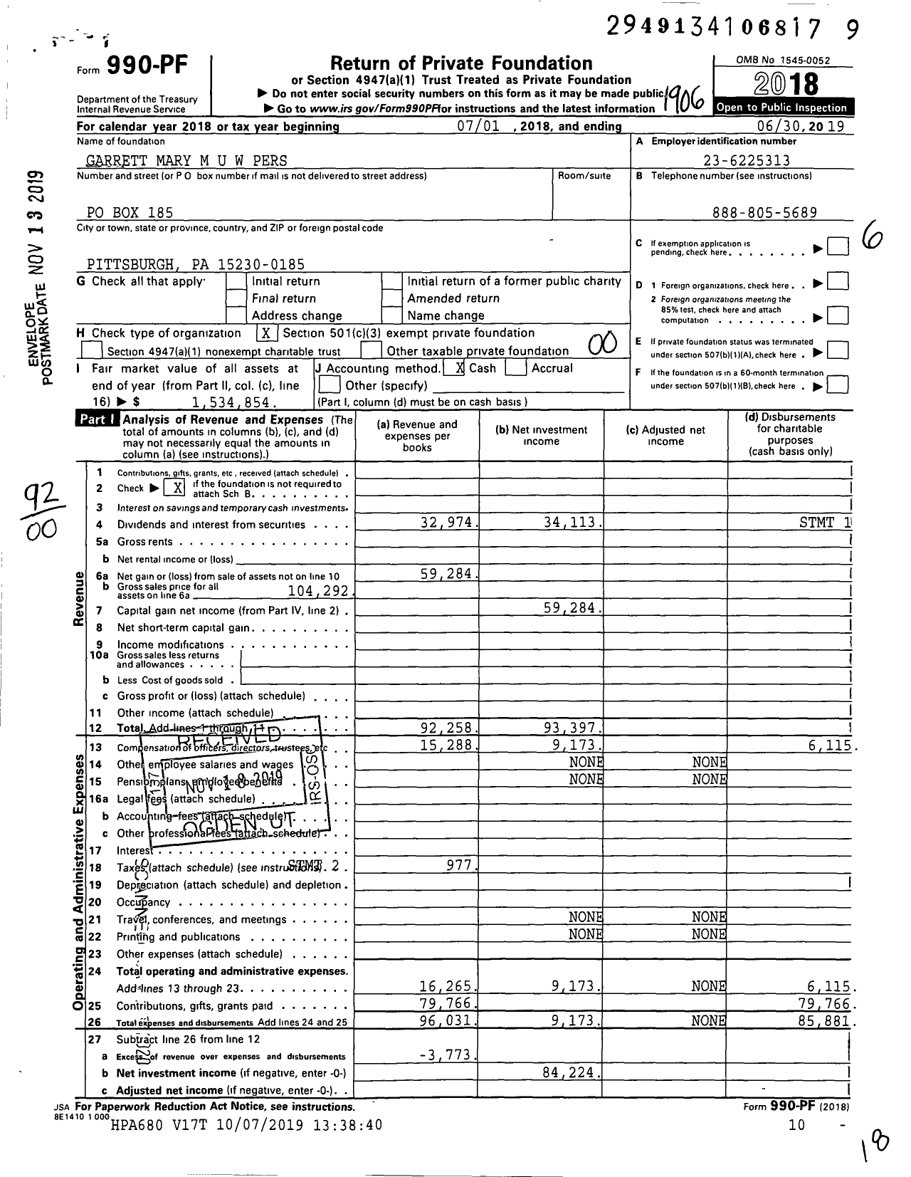 Image of first page of 2018 Form 990PF for Garrett Mary M U W Pers