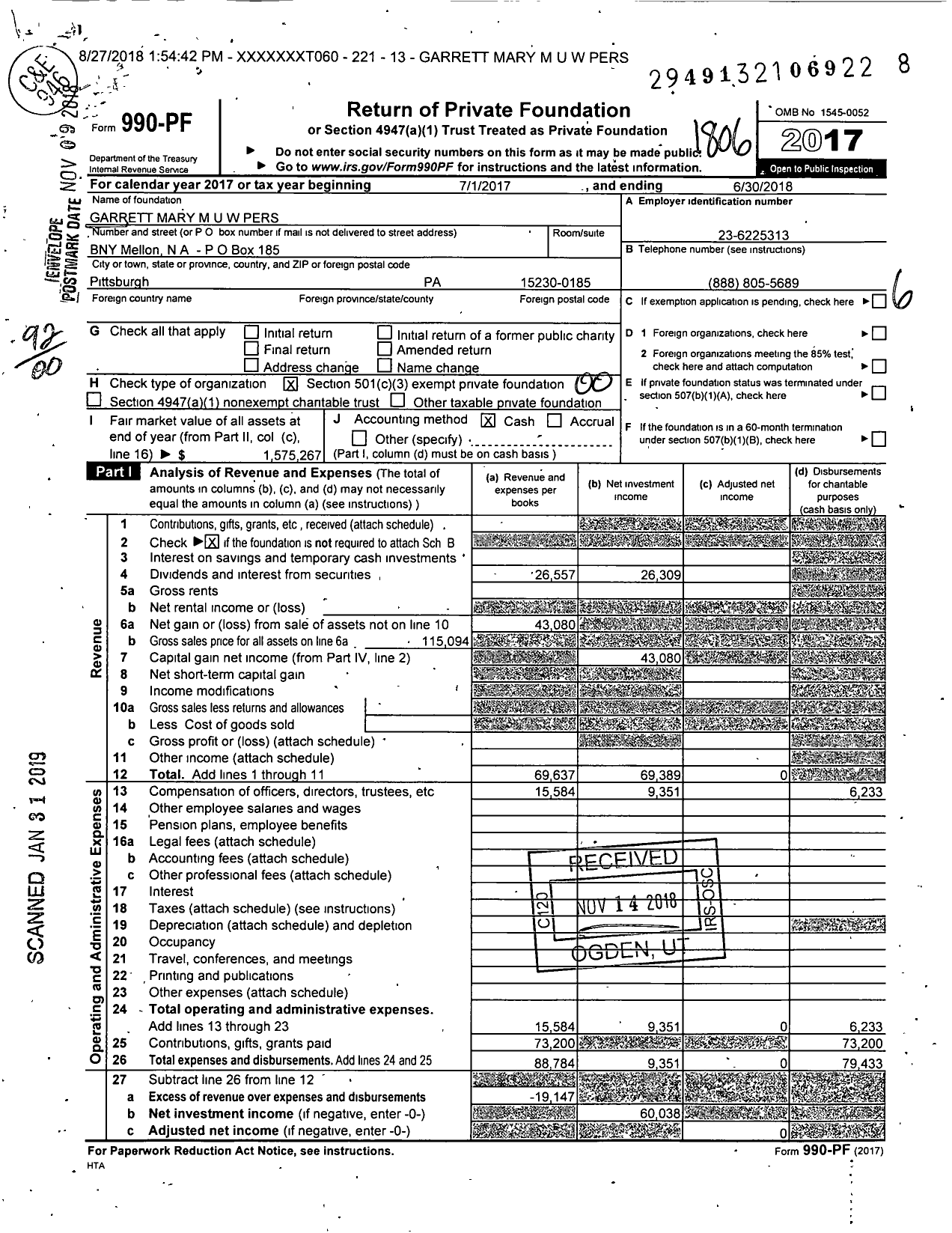 Image of first page of 2017 Form 990PF for Garrett Mary M U W Pers