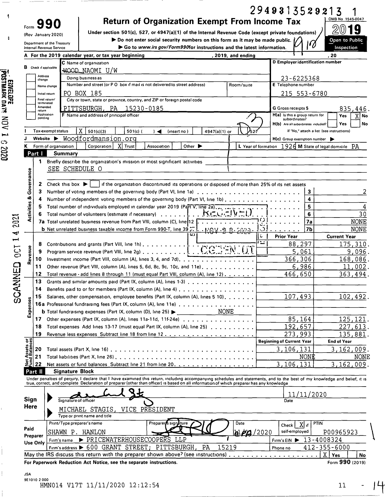 Image of first page of 2019 Form 990 for Wood Naomi Uw