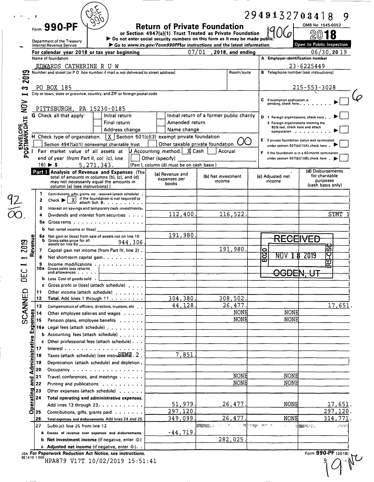 Image of first page of 2018 Form 990PF for Edwards Catherine R U W