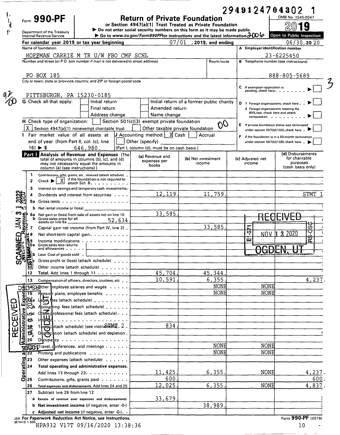 Image of first page of 2019 Form 990PF for Hoffman Carrie M TR Uw Fbo CMP SCHL