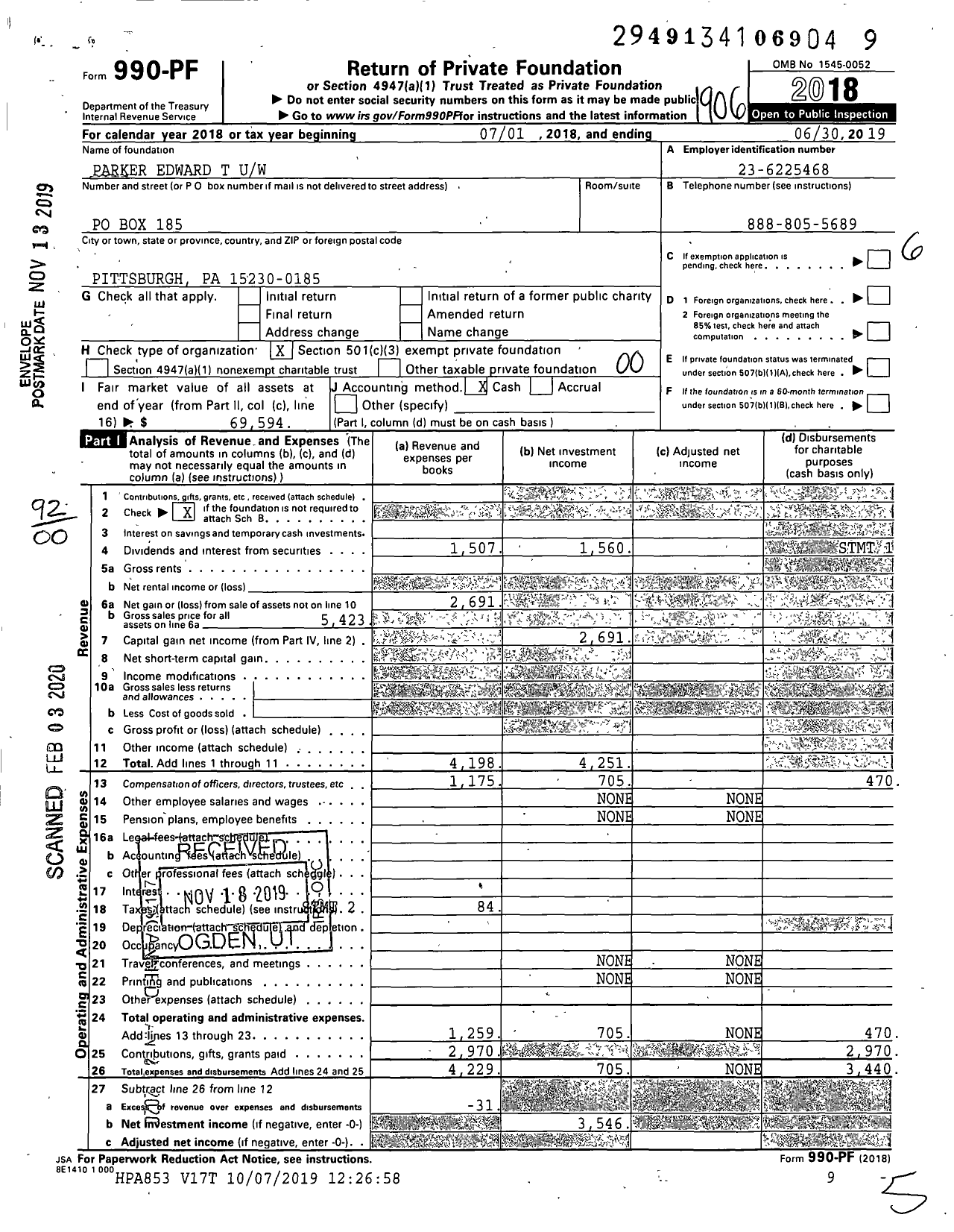 Image of first page of 2018 Form 990PF for Parker Edward T Uw