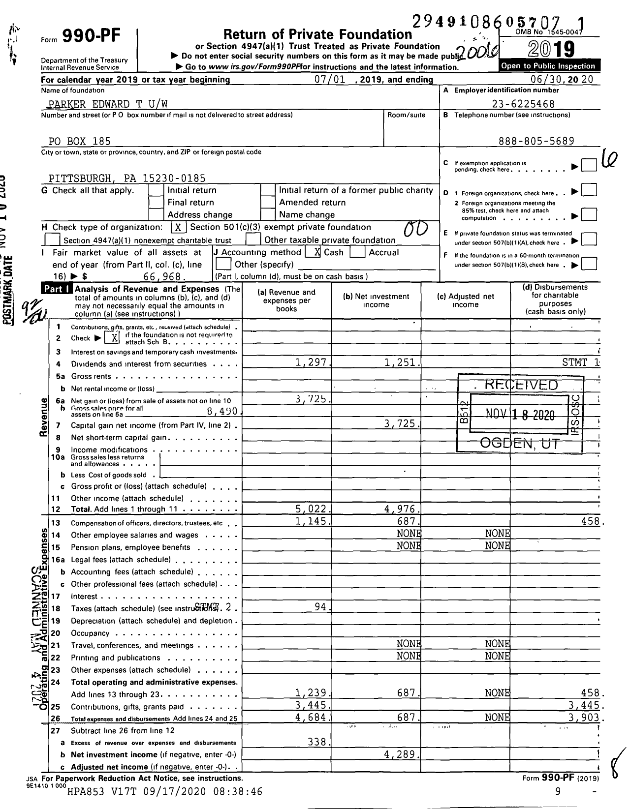 Image of first page of 2019 Form 990PF for Parker Edward T Uw