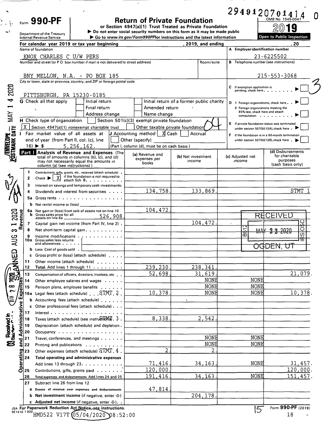 Image of first page of 2019 Form 990PR for Knox Charles C Uw Pers