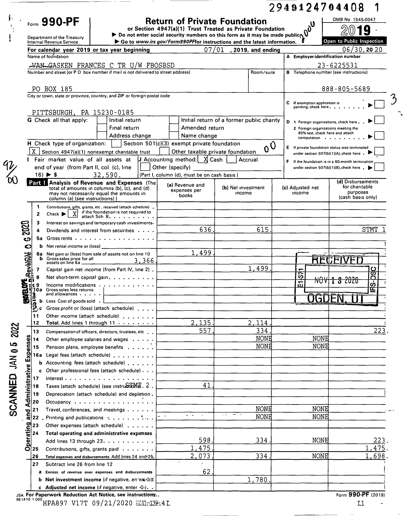 Image of first page of 2019 Form 990PF for Van Gasken Frances C TR Uw Fbosbsd