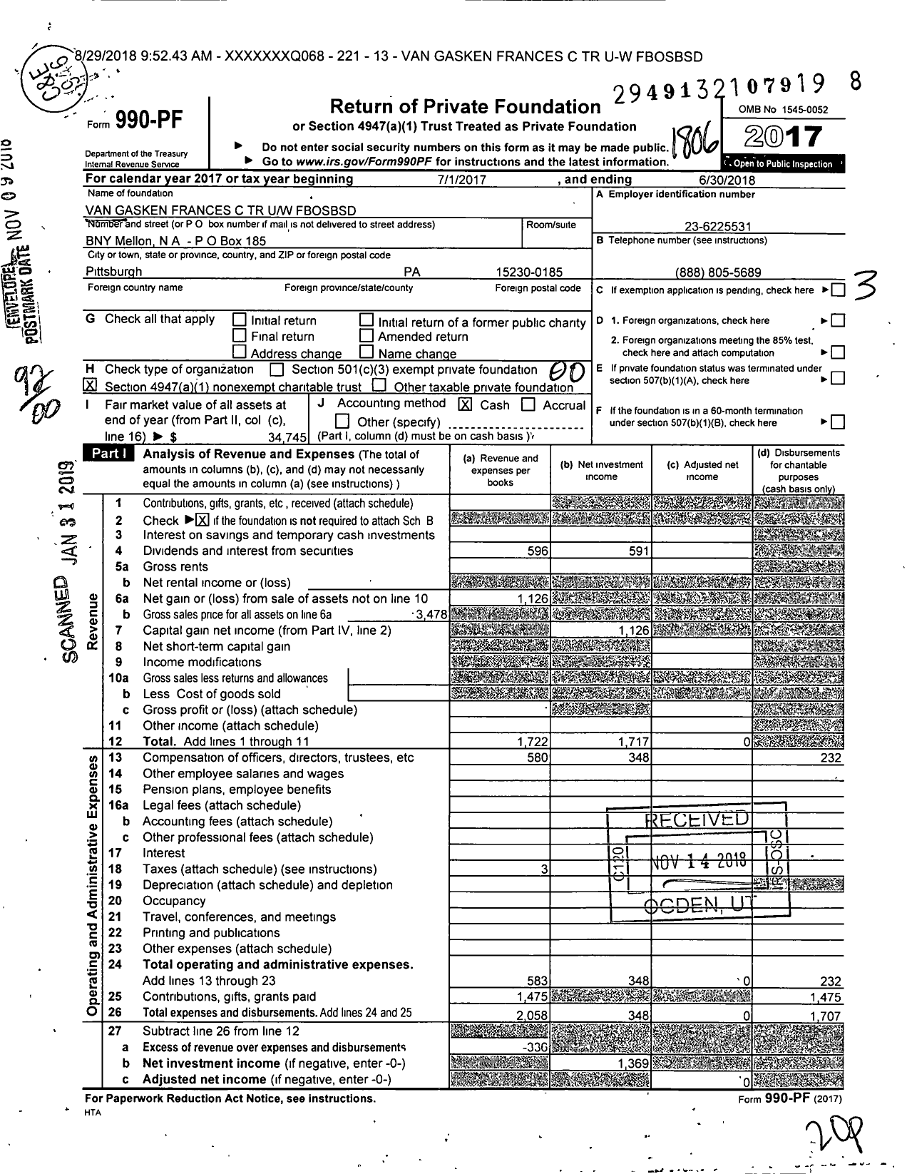 Image of first page of 2017 Form 990PF for Van Gasken Frances C TR Uw Fbosbsd