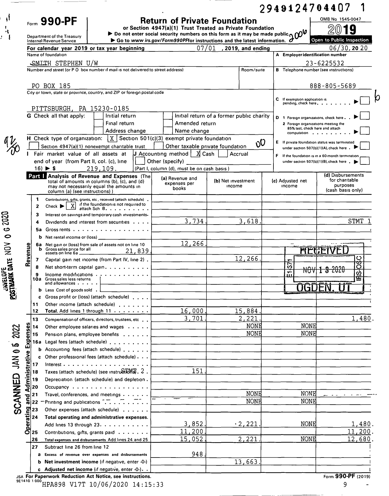 Image of first page of 2019 Form 990PF for Smith Stephen Uw