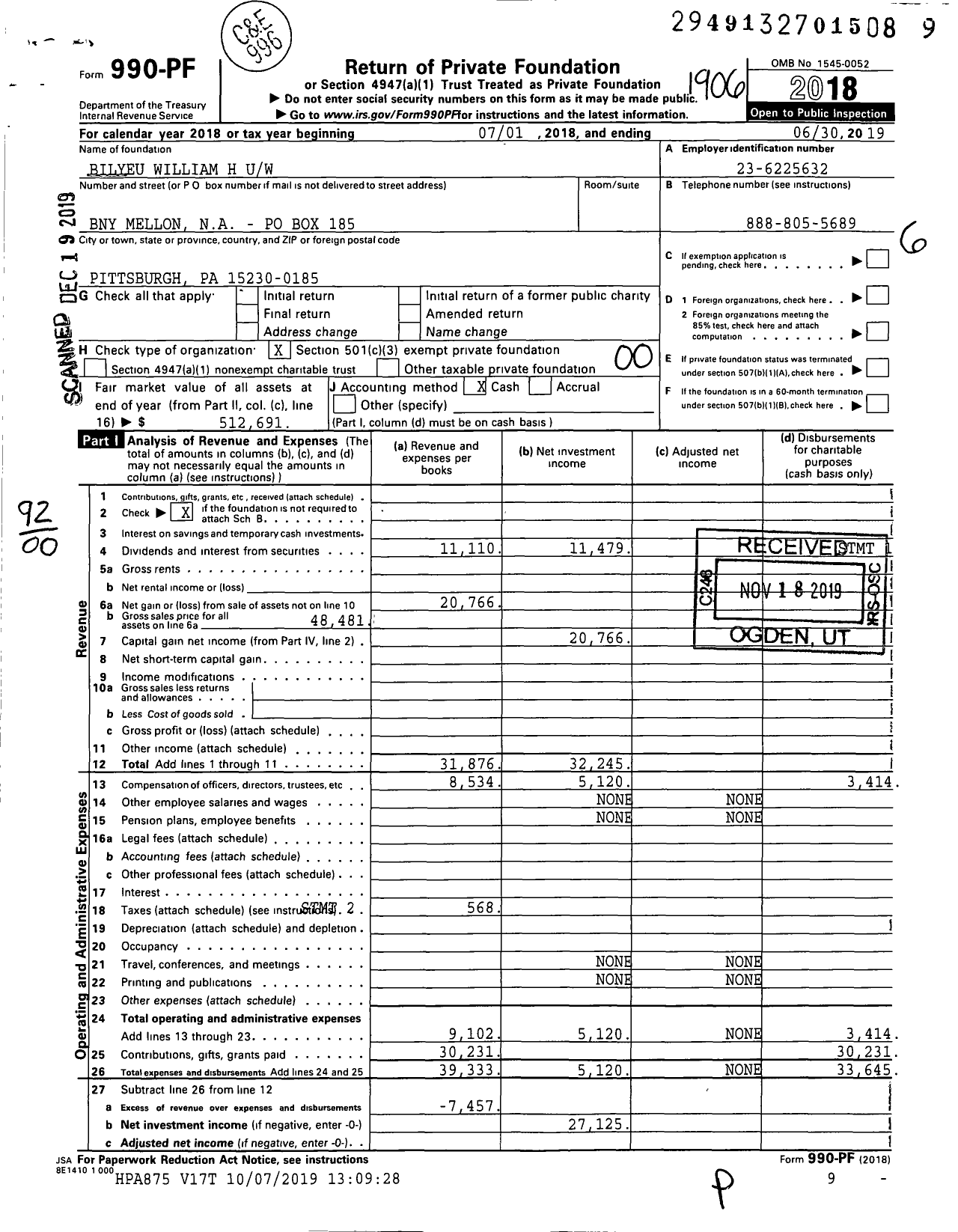 Image of first page of 2018 Form 990PF for Bilyeu William H Uw