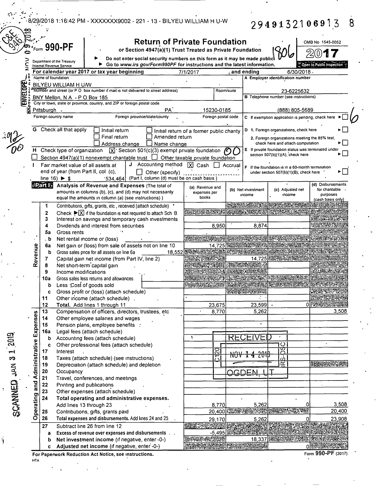 Image of first page of 2017 Form 990PF for Bilyeu William H Uw