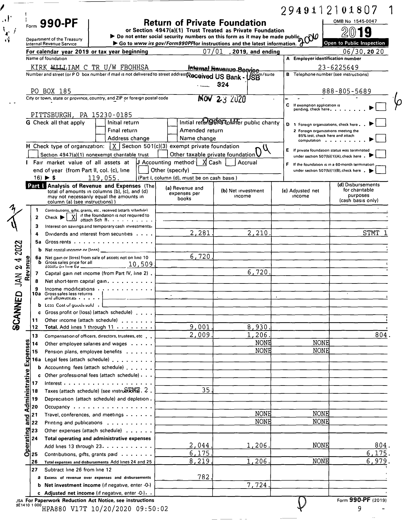 Image of first page of 2019 Form 990PF for Kirk William C TR Uw Uwfbohhsa