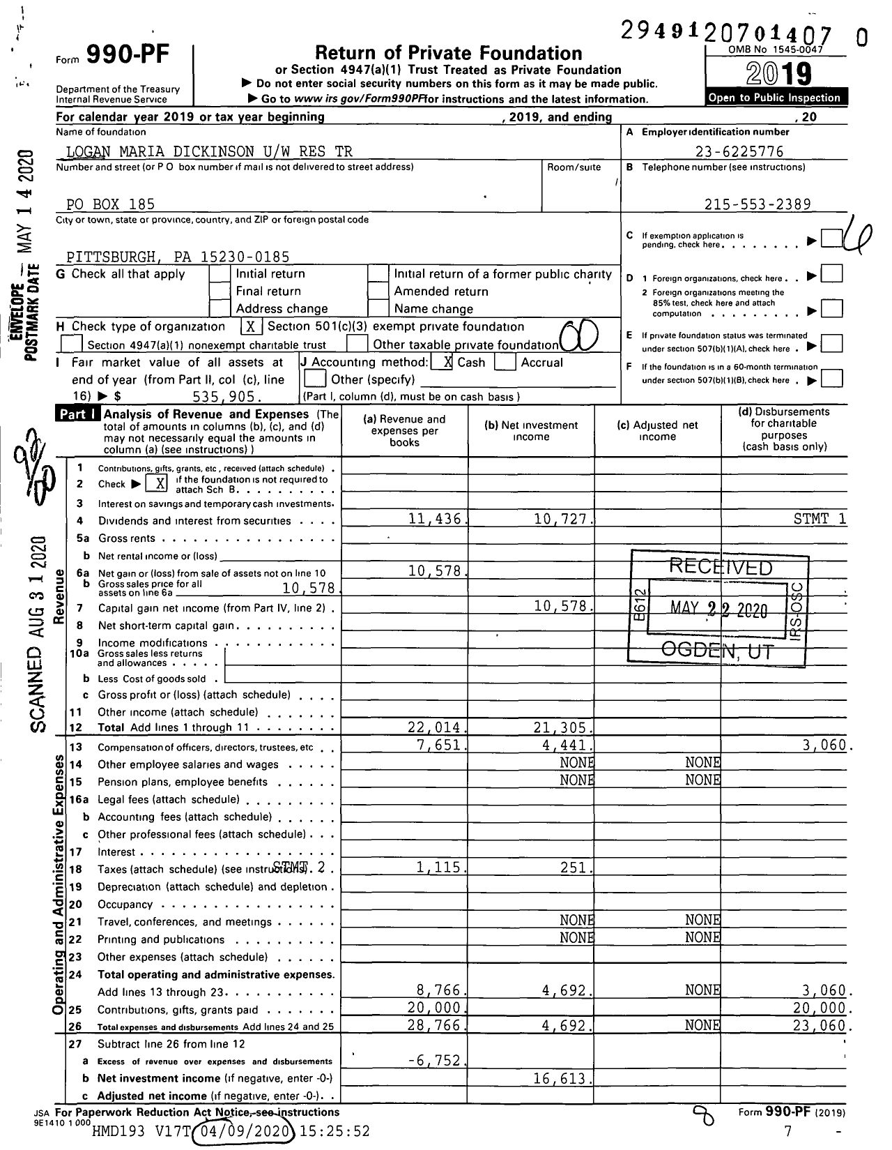 Image of first page of 2019 Form 990PR for Logan Maria Dickinson Uw Res Trust