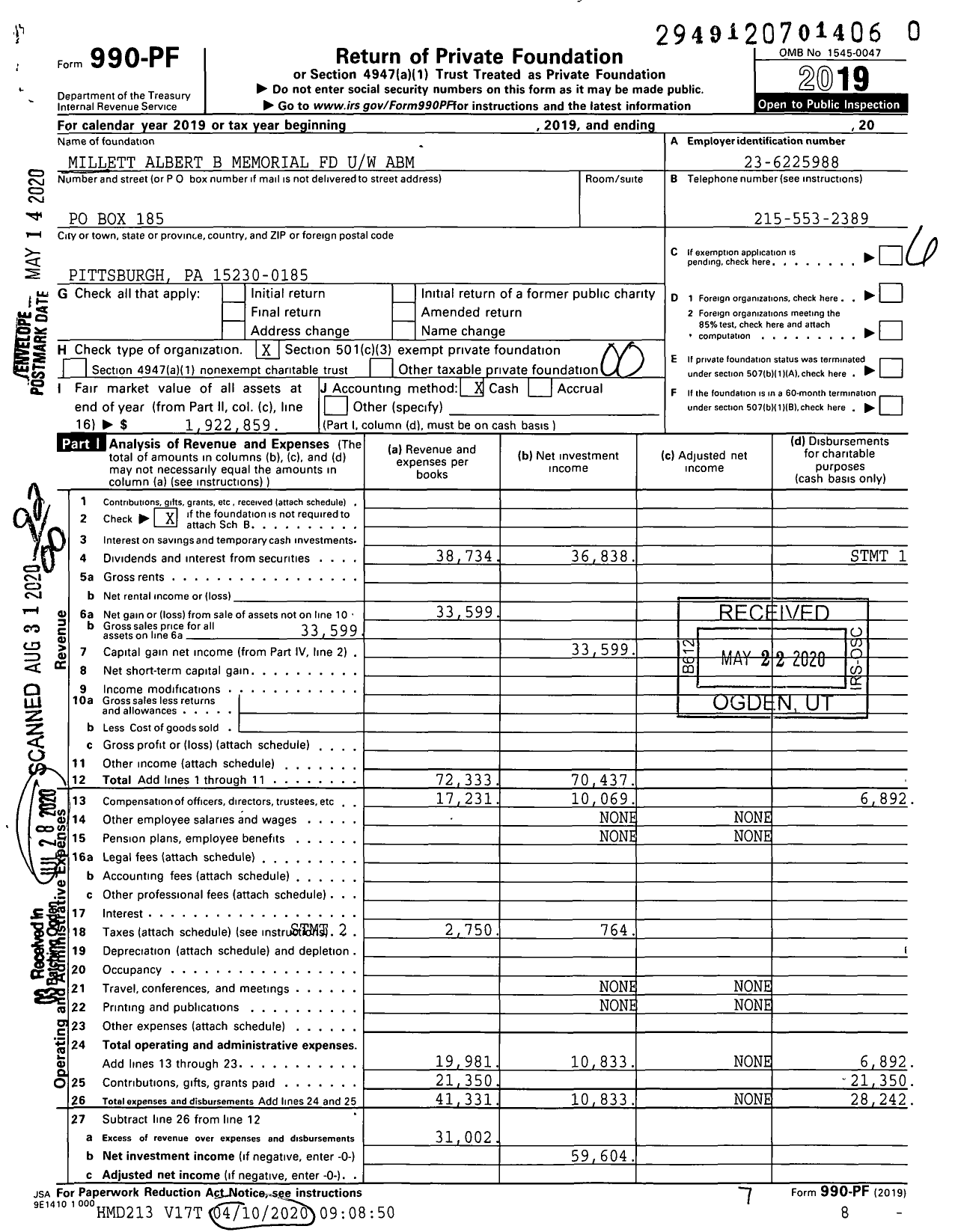 Image of first page of 2019 Form 990PR for Millett Albert B Memorial FD Uw Abm