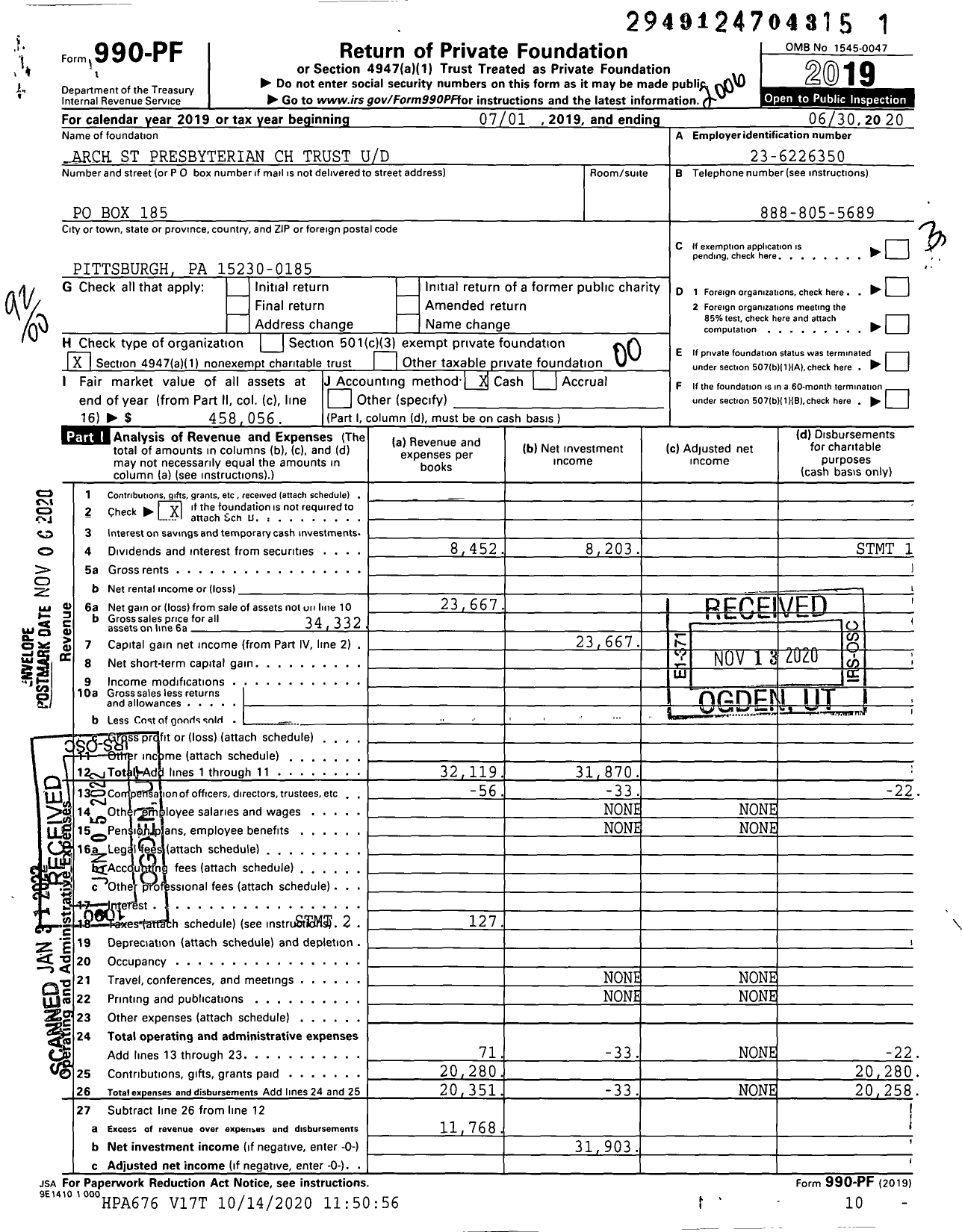 Image of first page of 2019 Form 990PF for Arch St Presbyterian CH Trust Ud