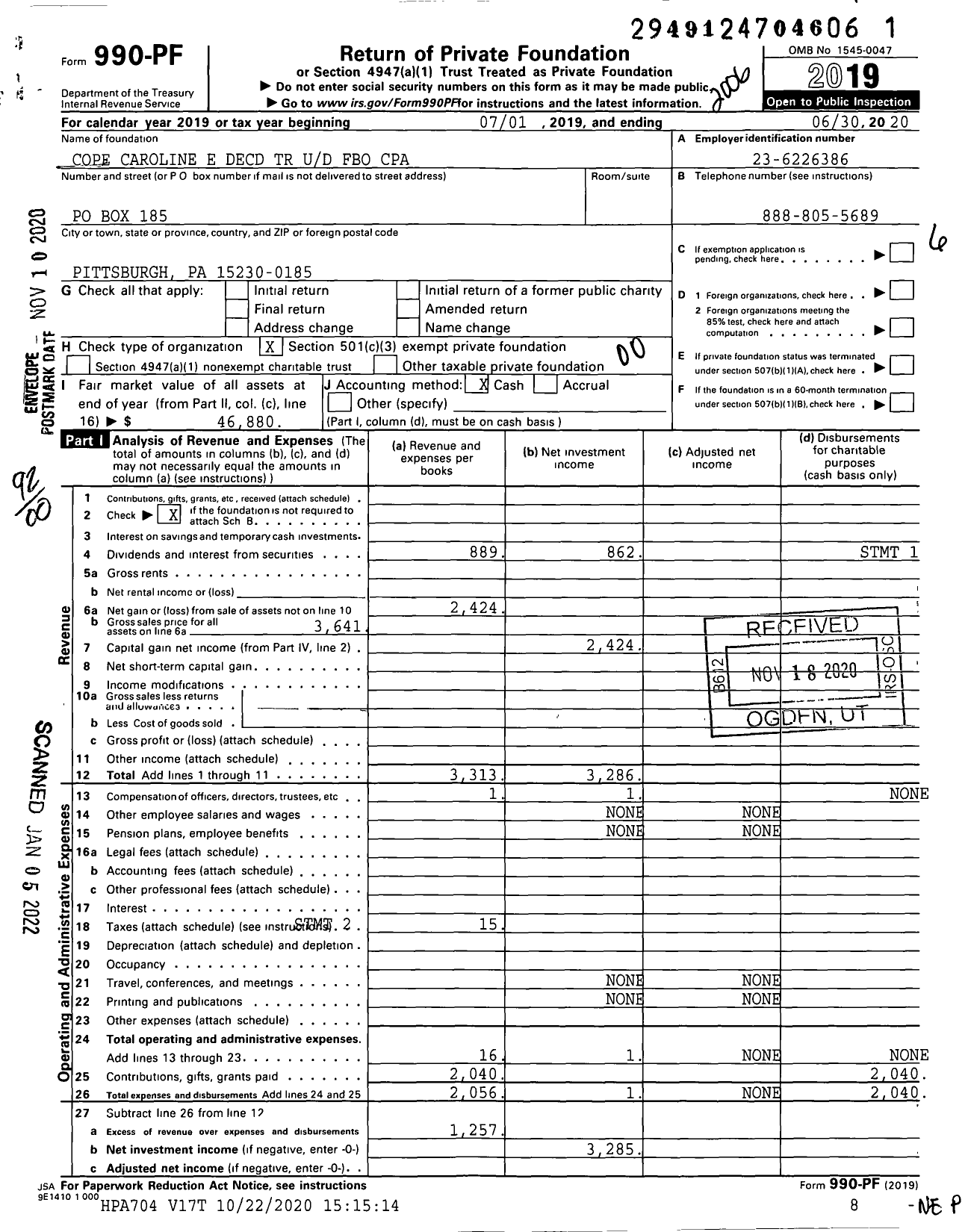 Image of first page of 2019 Form 990PF for Cope Caroline E Decd TR Ud Fbo CPA