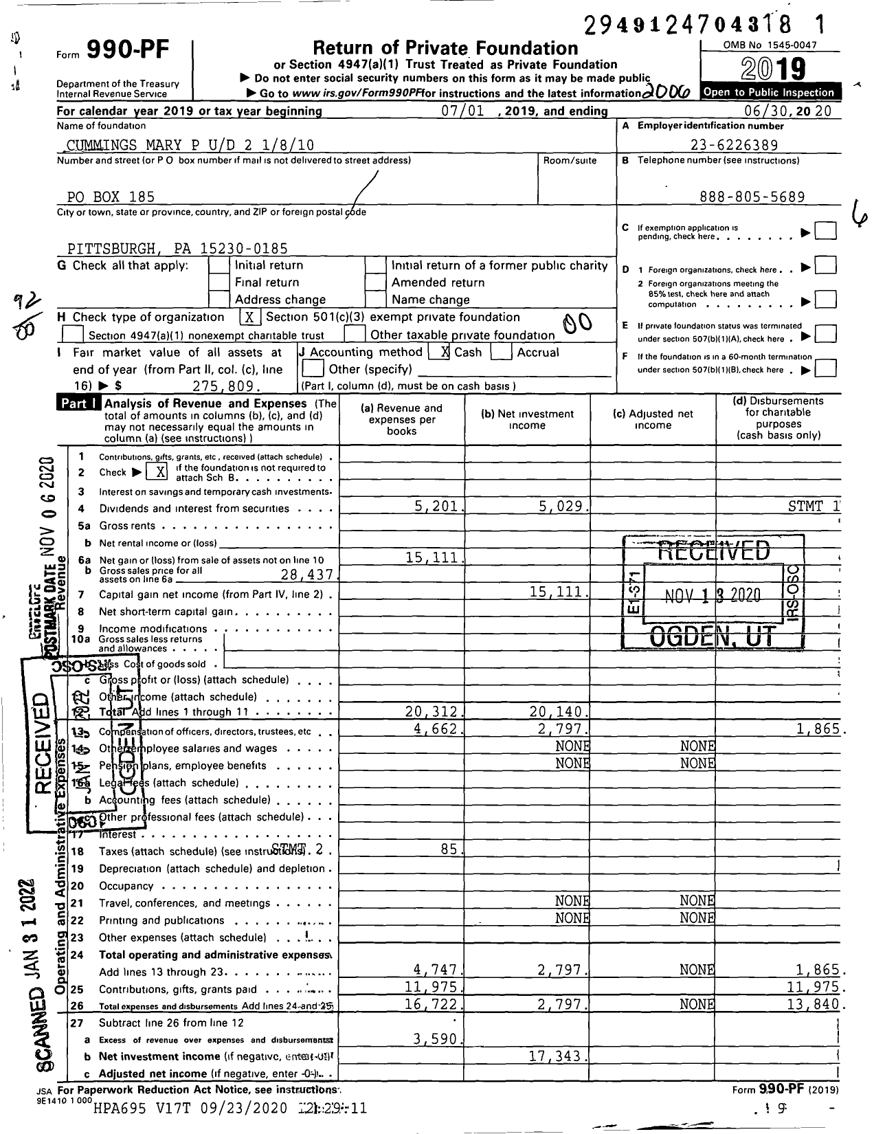 Image of first page of 2019 Form 990PF for Cummings Mary P Ud 2 1810