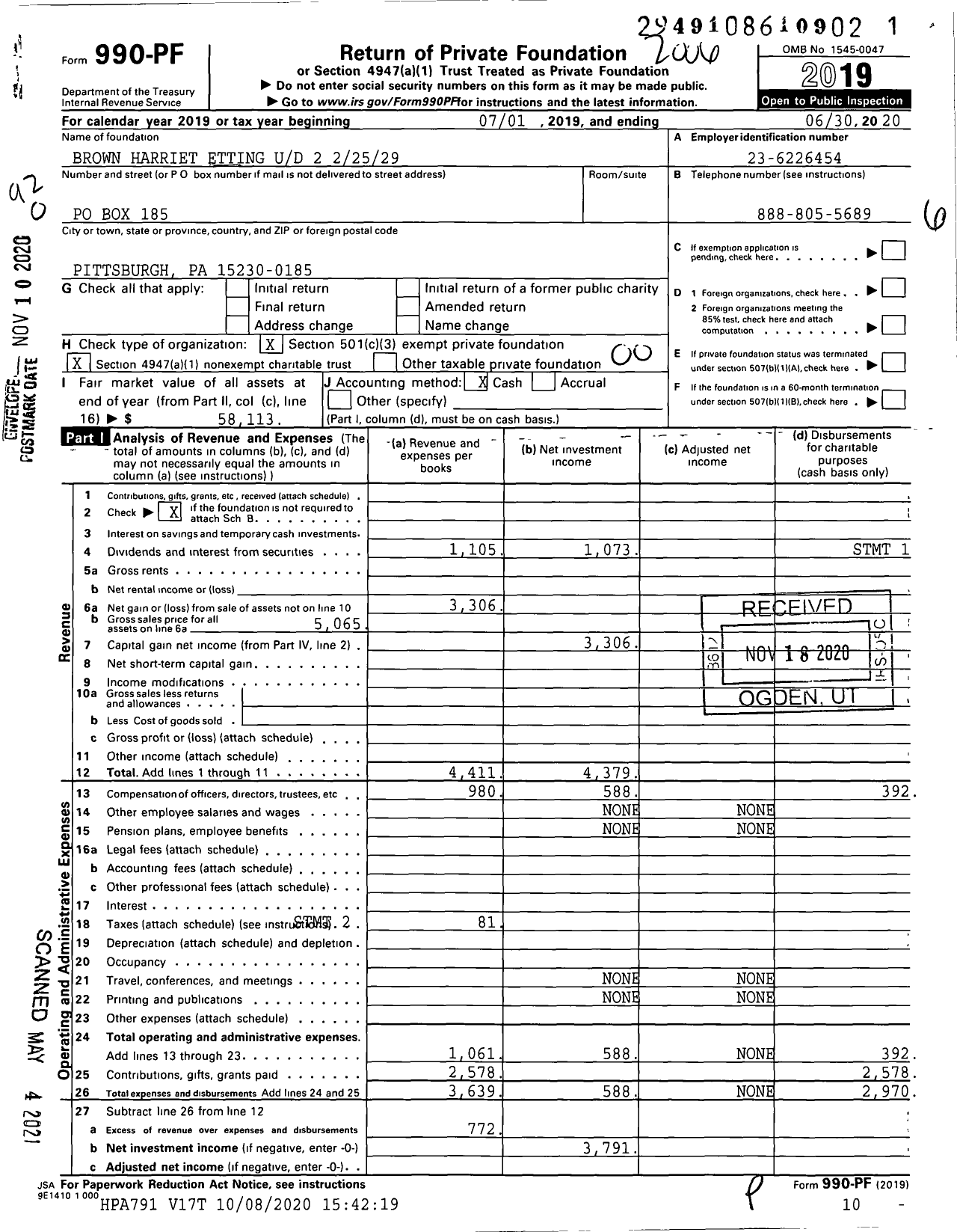 Image of first page of 2019 Form 990PF for Brown Harriet Etting Ud 2 22529