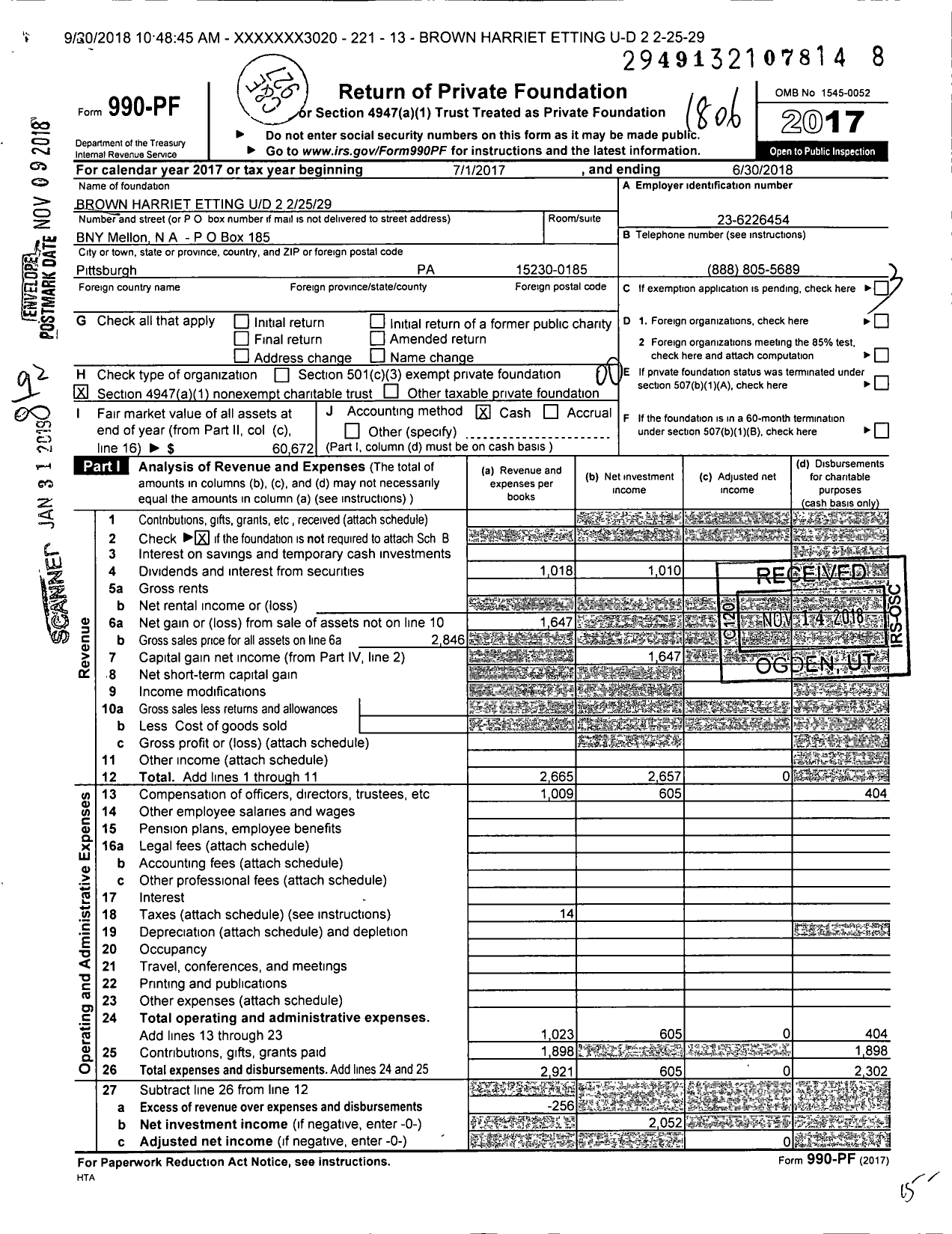 Image of first page of 2017 Form 990PF for Brown Harriet Etting Ud 2 22529