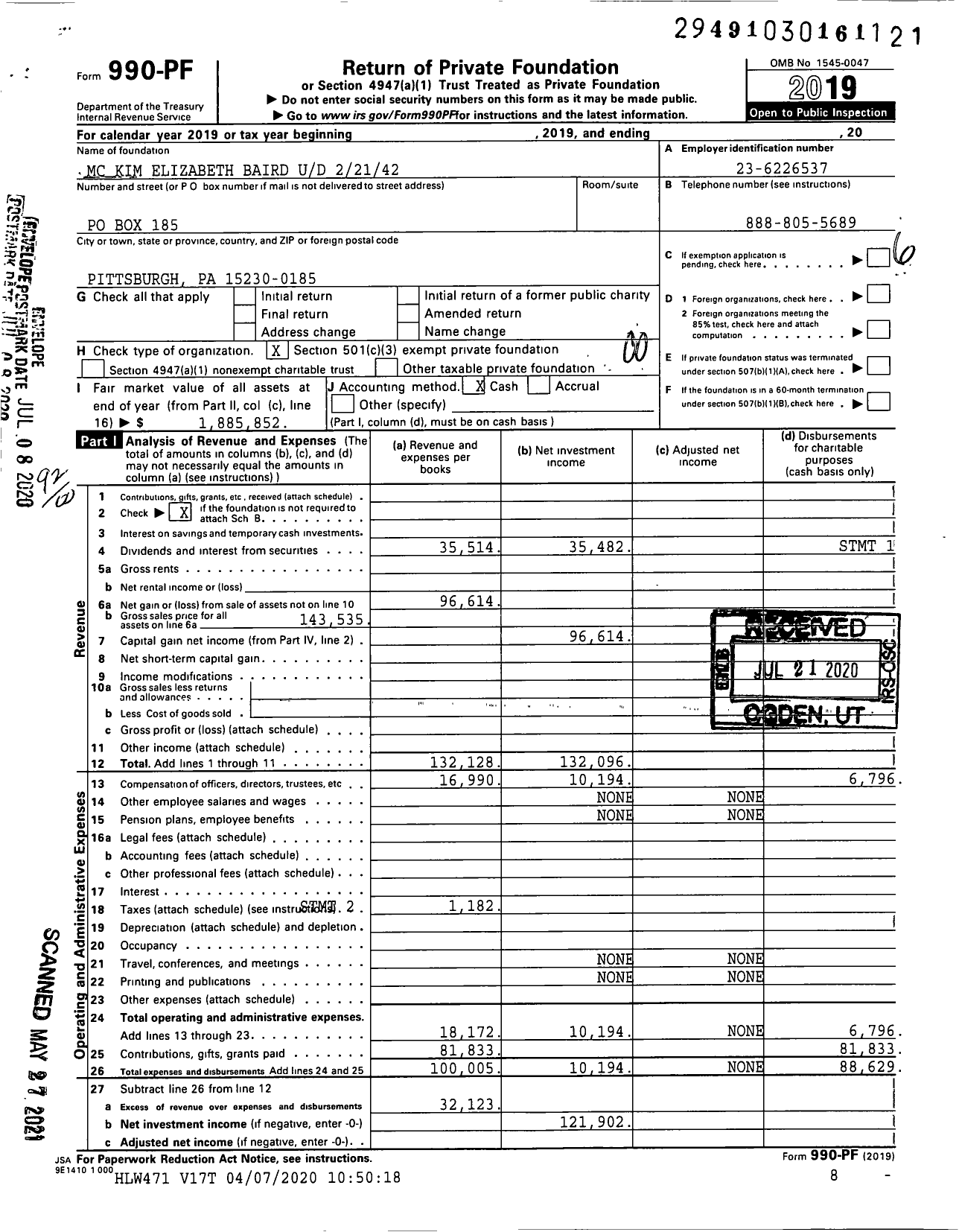 Image of first page of 2019 Form 990PF for MC Kim Elizabeth Baird Ud 22142