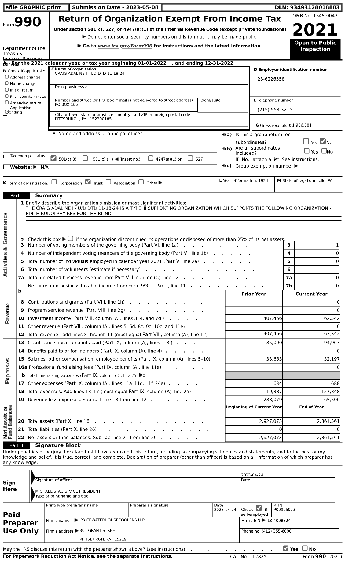 Image of first page of 2022 Form 990 for Craig Adaline J - Ud DTD 11-18-24