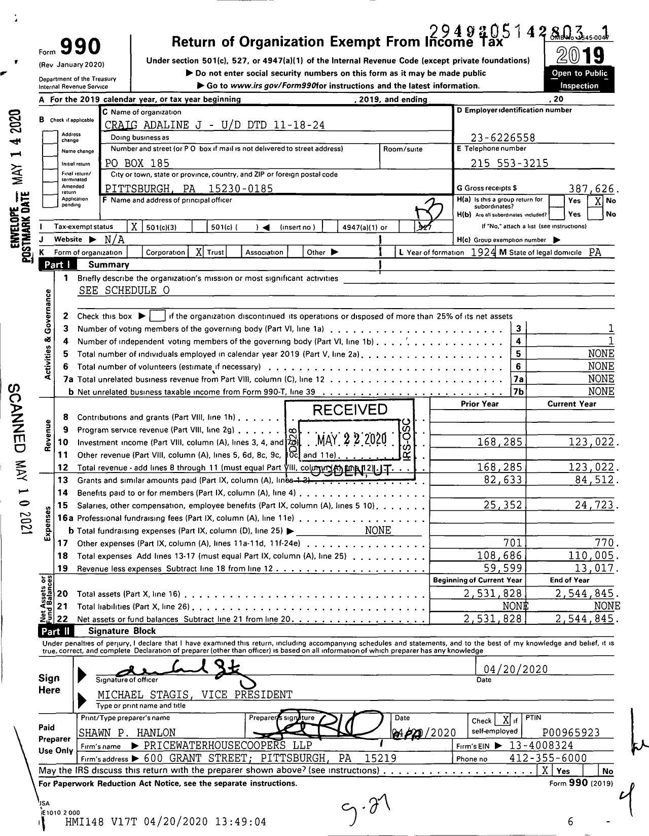 Image of first page of 2019 Form 990 for Craig Adaline J - Ud DTD 11-18-24