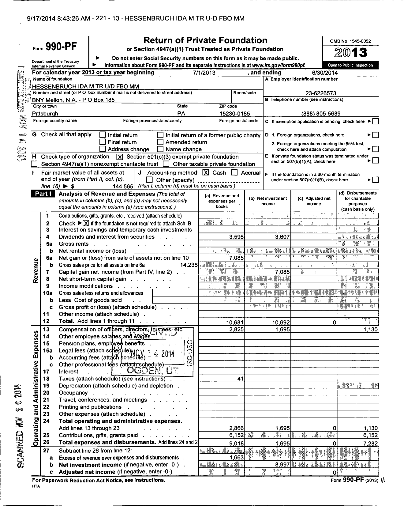 Image of first page of 2013 Form 990PF for Hessenbruch Ida M TR Ud Fbo MM