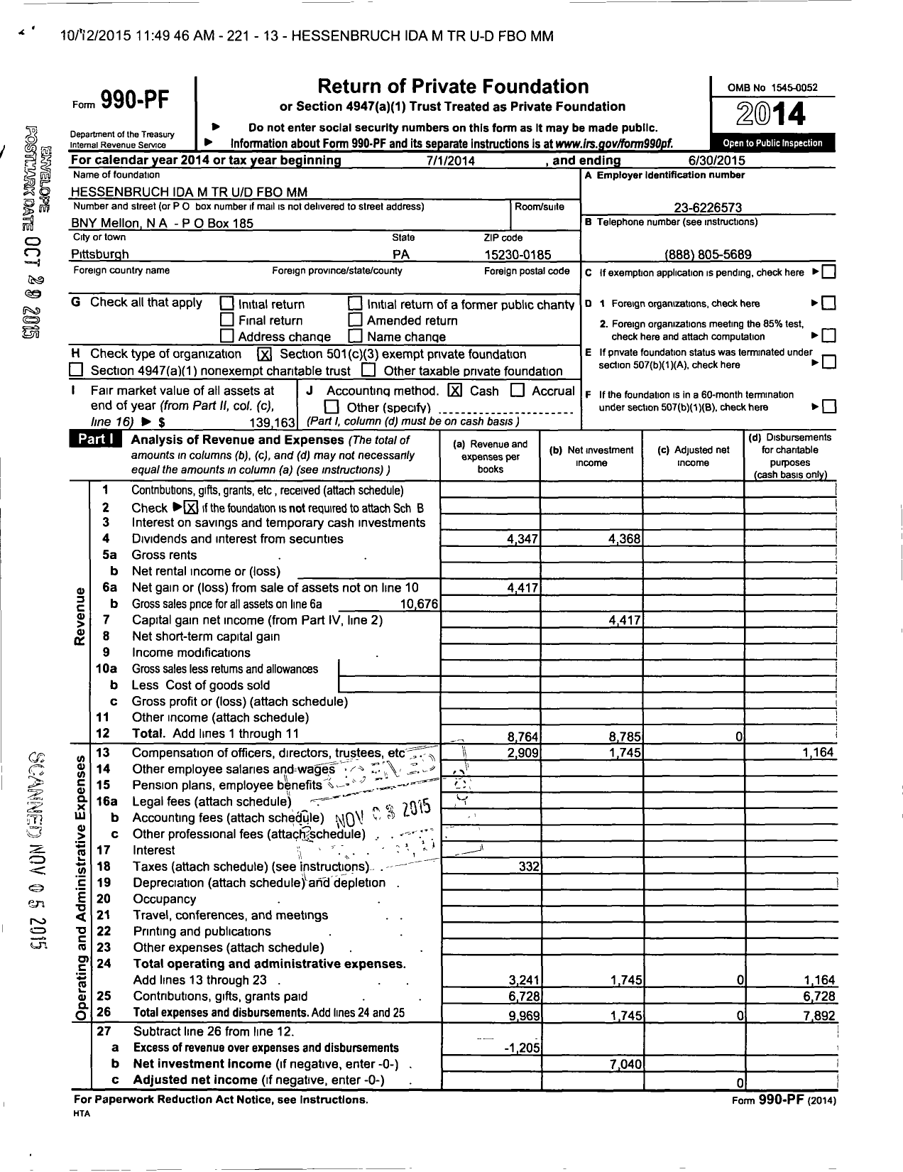 Image of first page of 2014 Form 990PF for Hessenbruch Ida M TR Ud Fbo MM