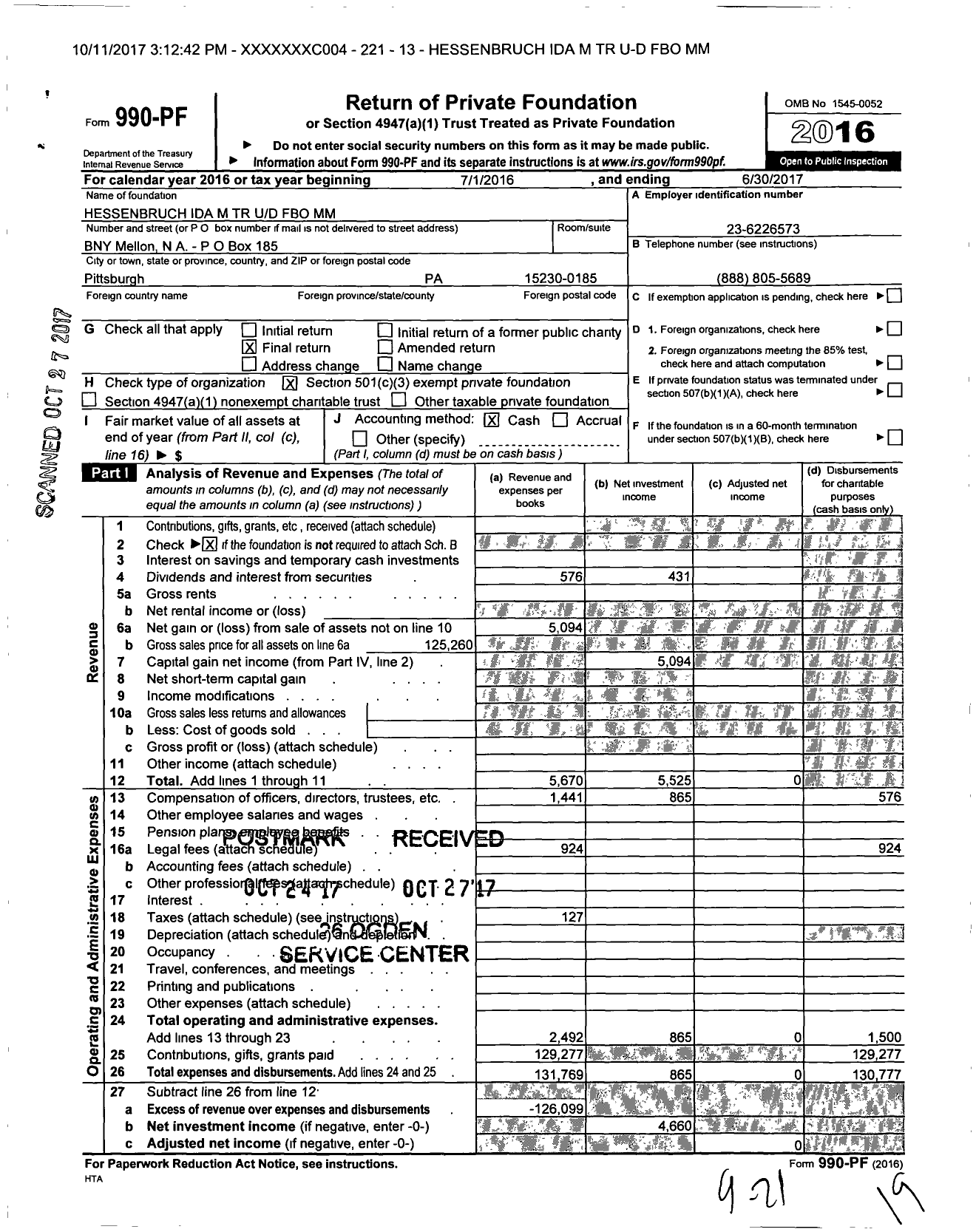 Image of first page of 2016 Form 990PF for Hessenbruch Ida M TR Ud Fbo MM