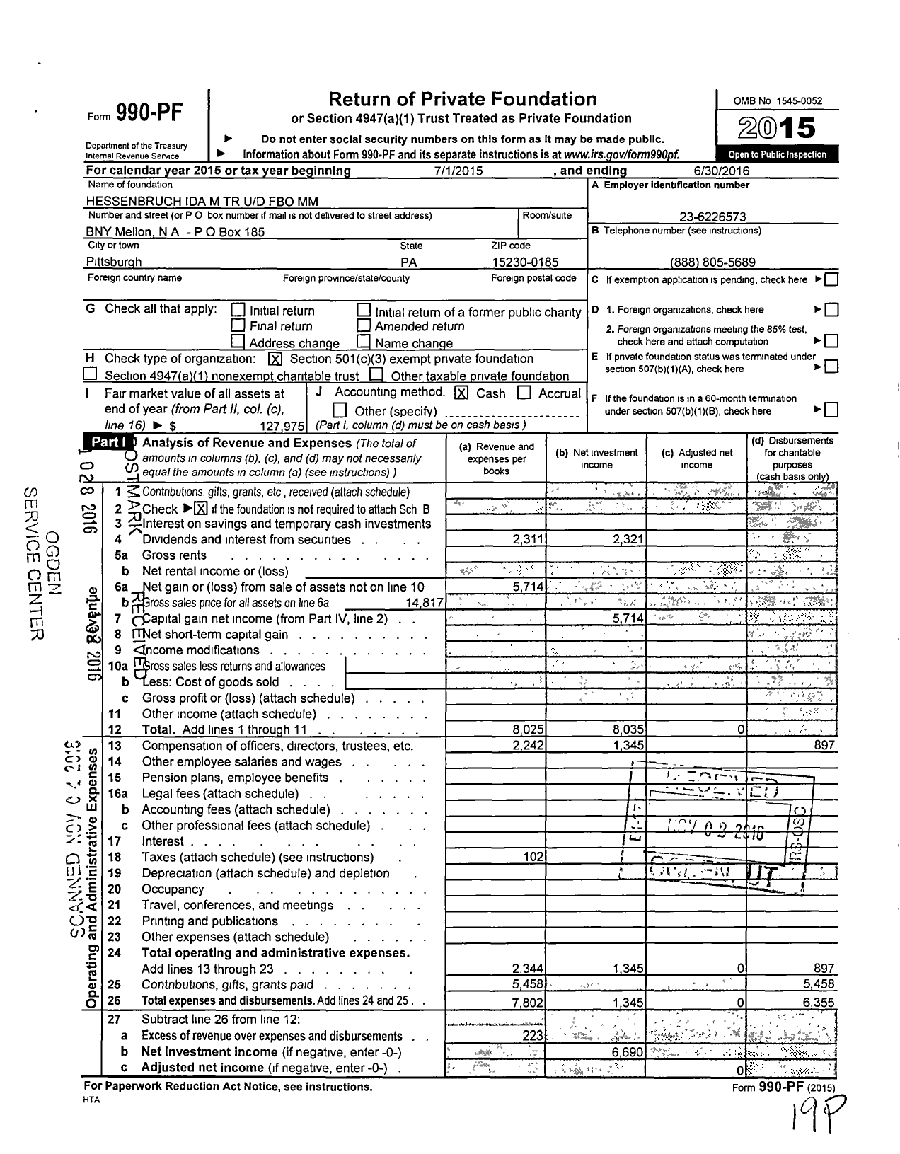 Image of first page of 2015 Form 990PF for Hessenbruch Ida M TR Ud Fbo MM