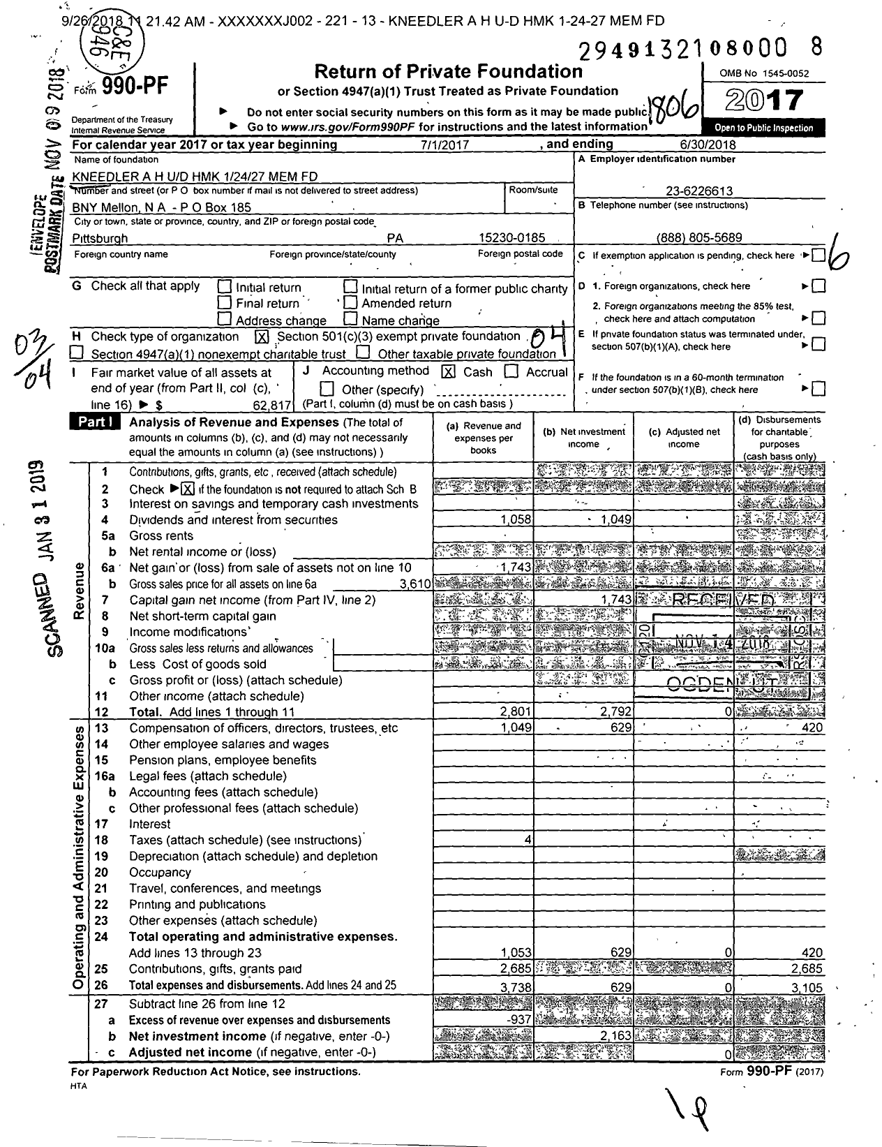 Image of first page of 2017 Form 990PF for Kneedler A H Ud HMK 12427 Mem Fund