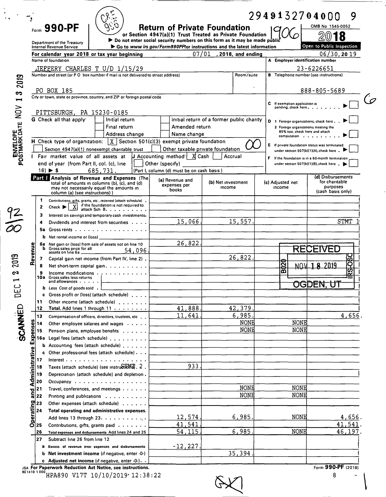 Image of first page of 2018 Form 990PF for Jeffery Charles T Ud 11529