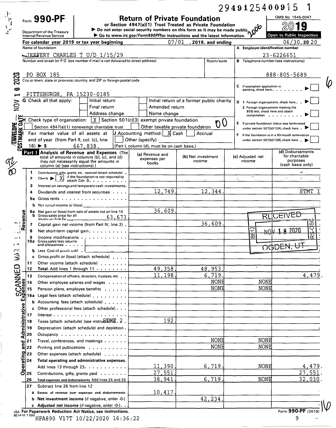 Image of first page of 2019 Form 990PF for Jeffery Charles T Ud 11529