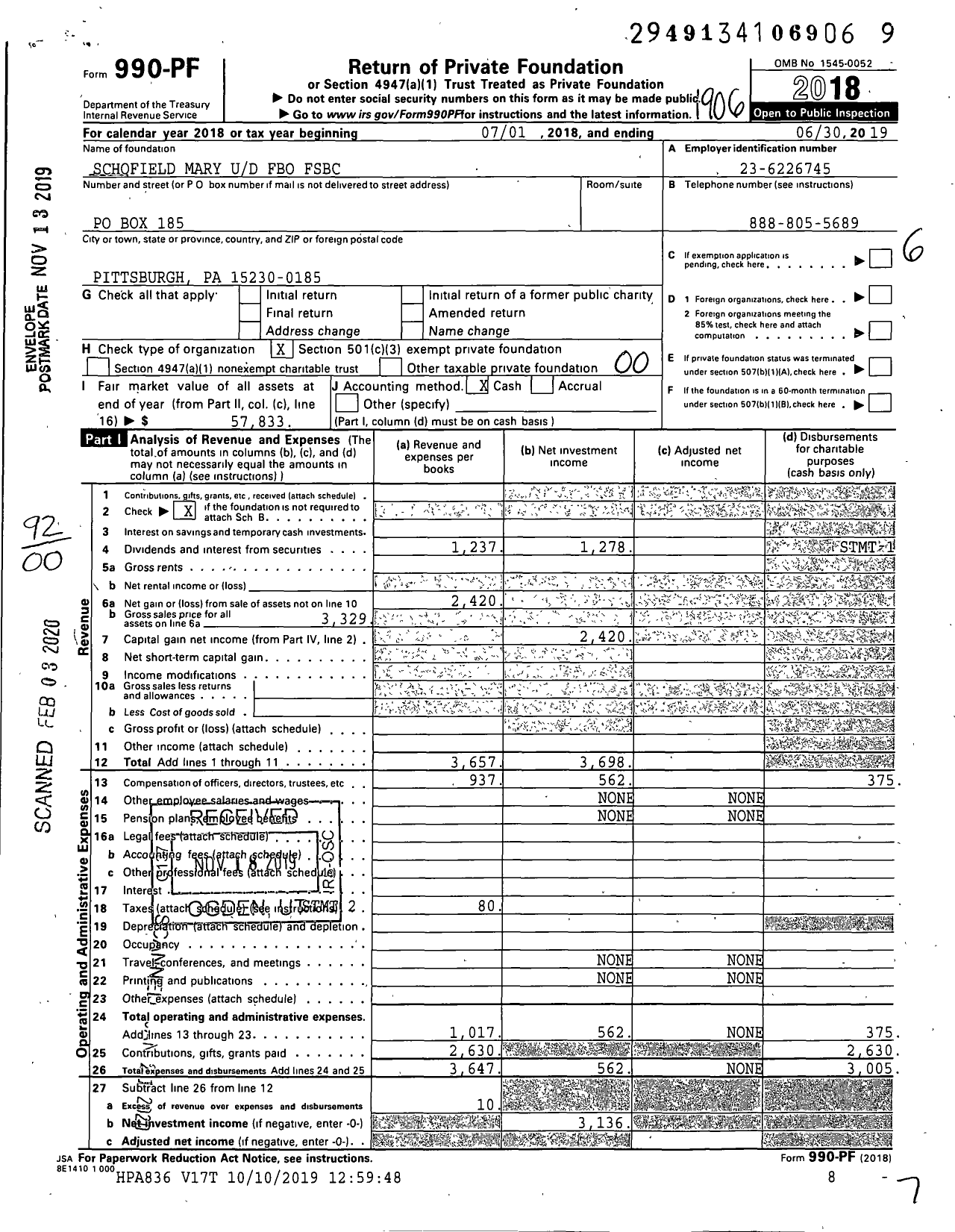 Image of first page of 2018 Form 990PF for Schofield Mary Ud Fbo FSBC