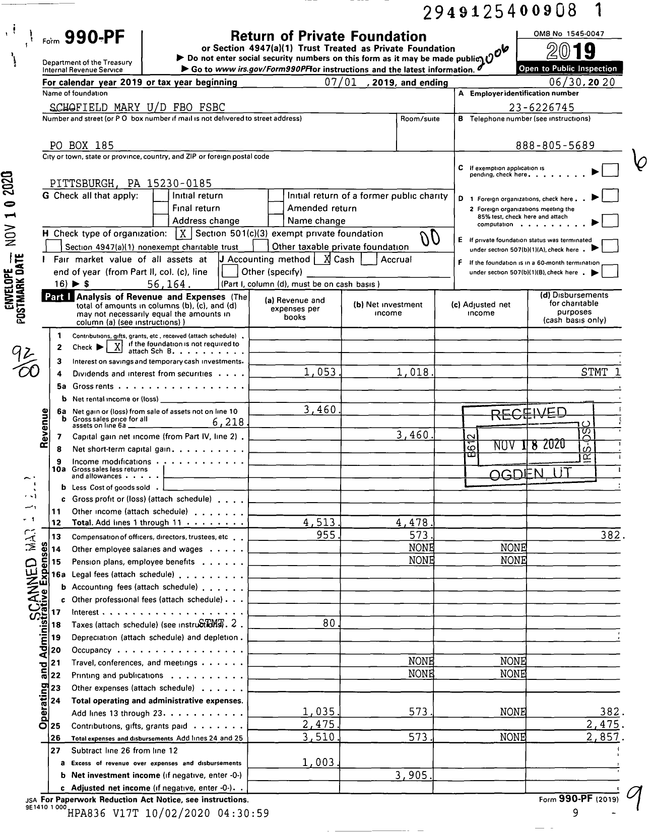 Image of first page of 2019 Form 990PF for Schofield Mary Ud Fbo FSBC