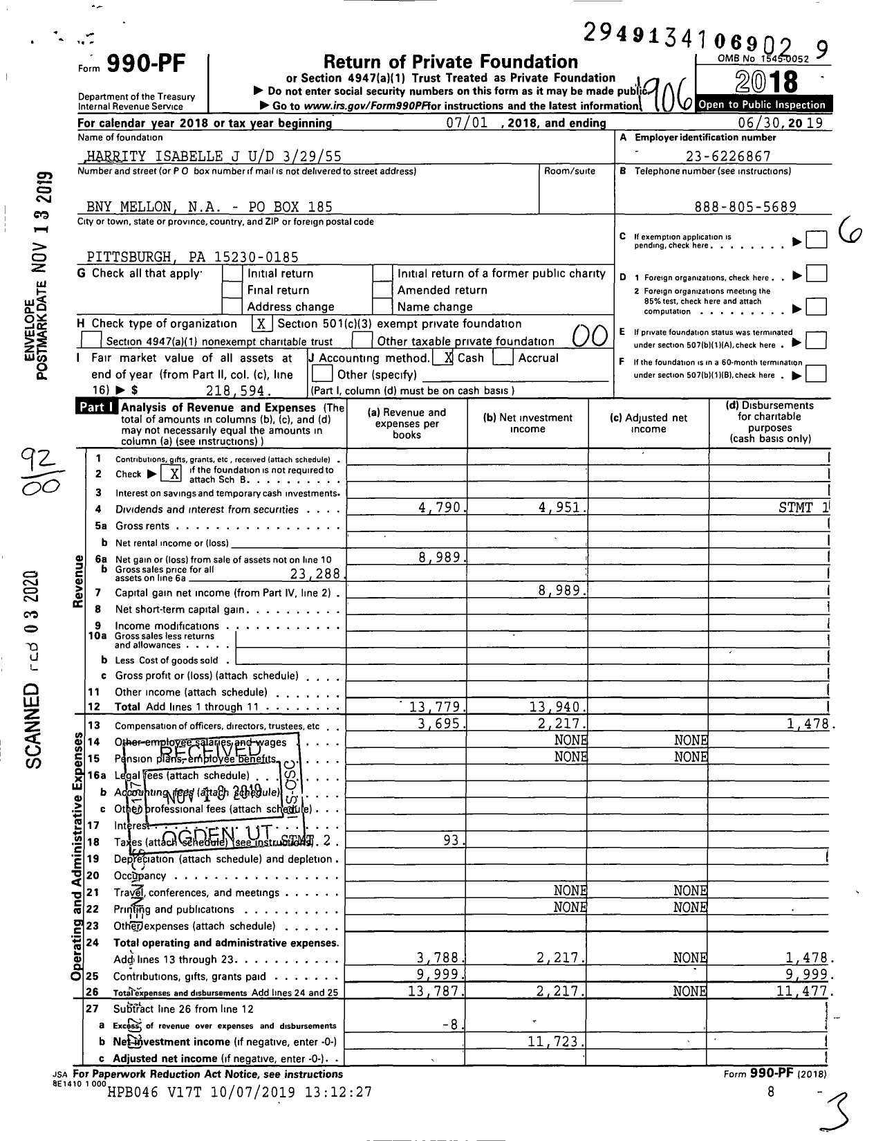 Image of first page of 2018 Form 990PF for Harrity Isabelle J Ud 32955