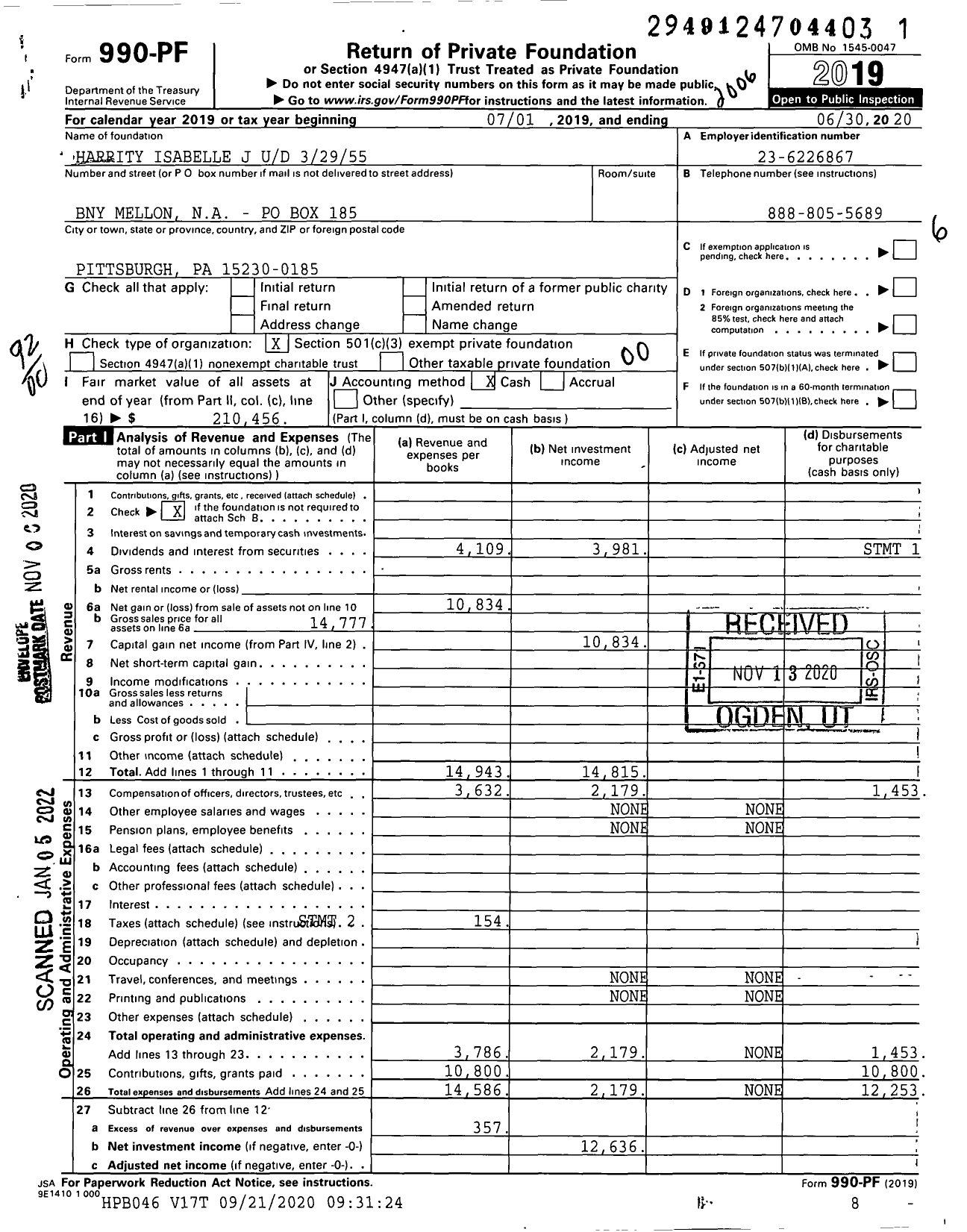 Image of first page of 2019 Form 990PF for Harrity Isabelle J Ud 32955