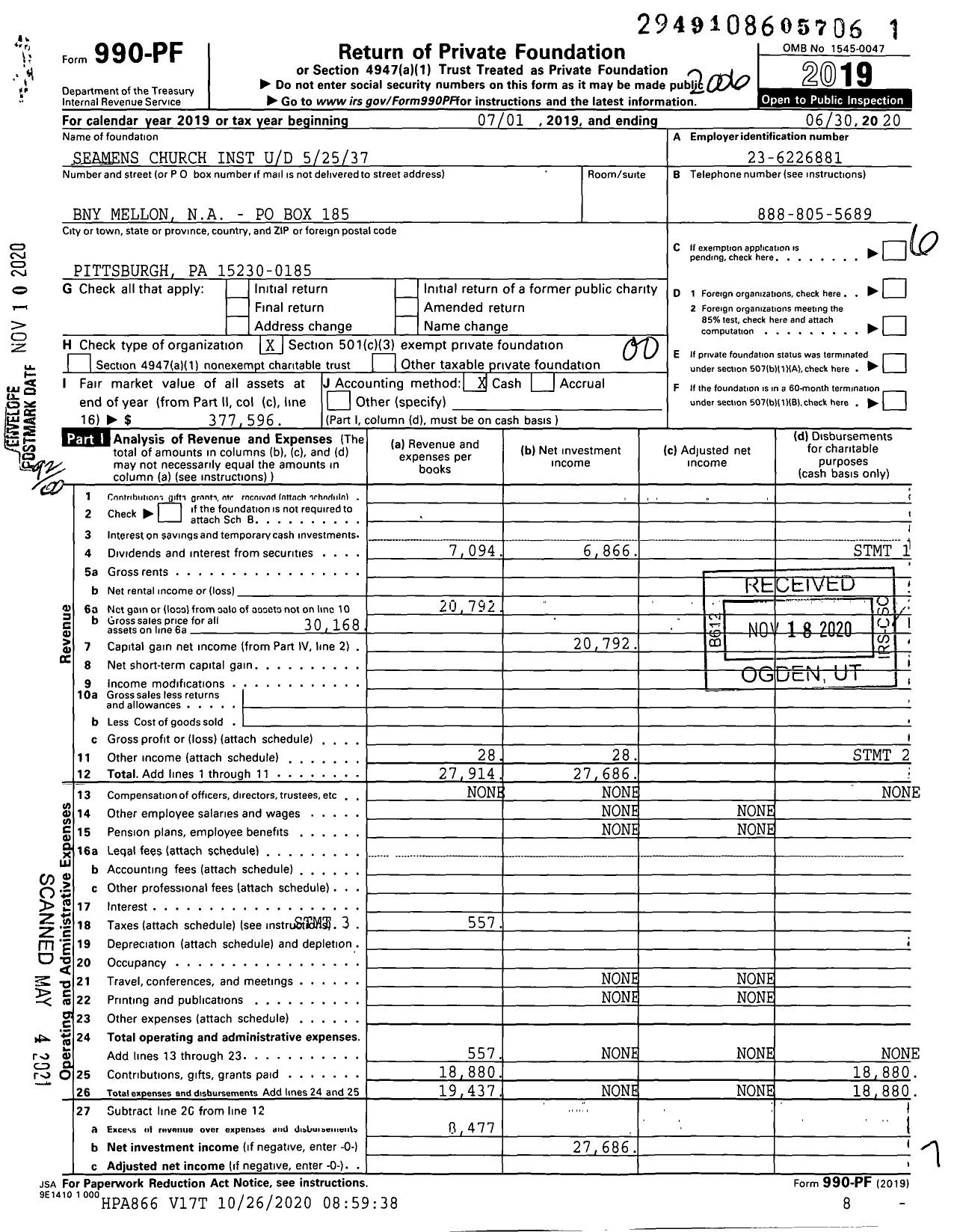 Image of first page of 2019 Form 990PF for Seamens Church Inst Ud 52537