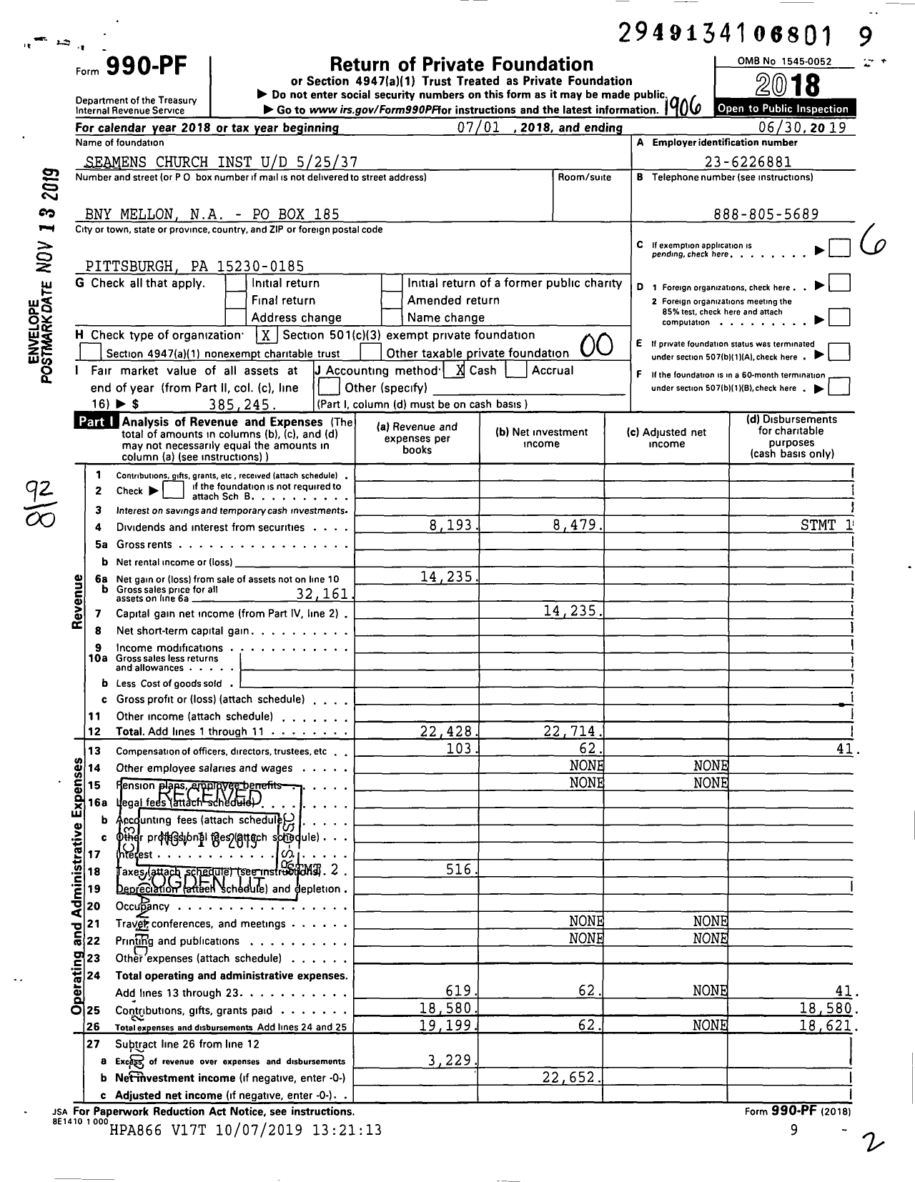 Image of first page of 2018 Form 990PF for Seamens Church Inst Ud 52537