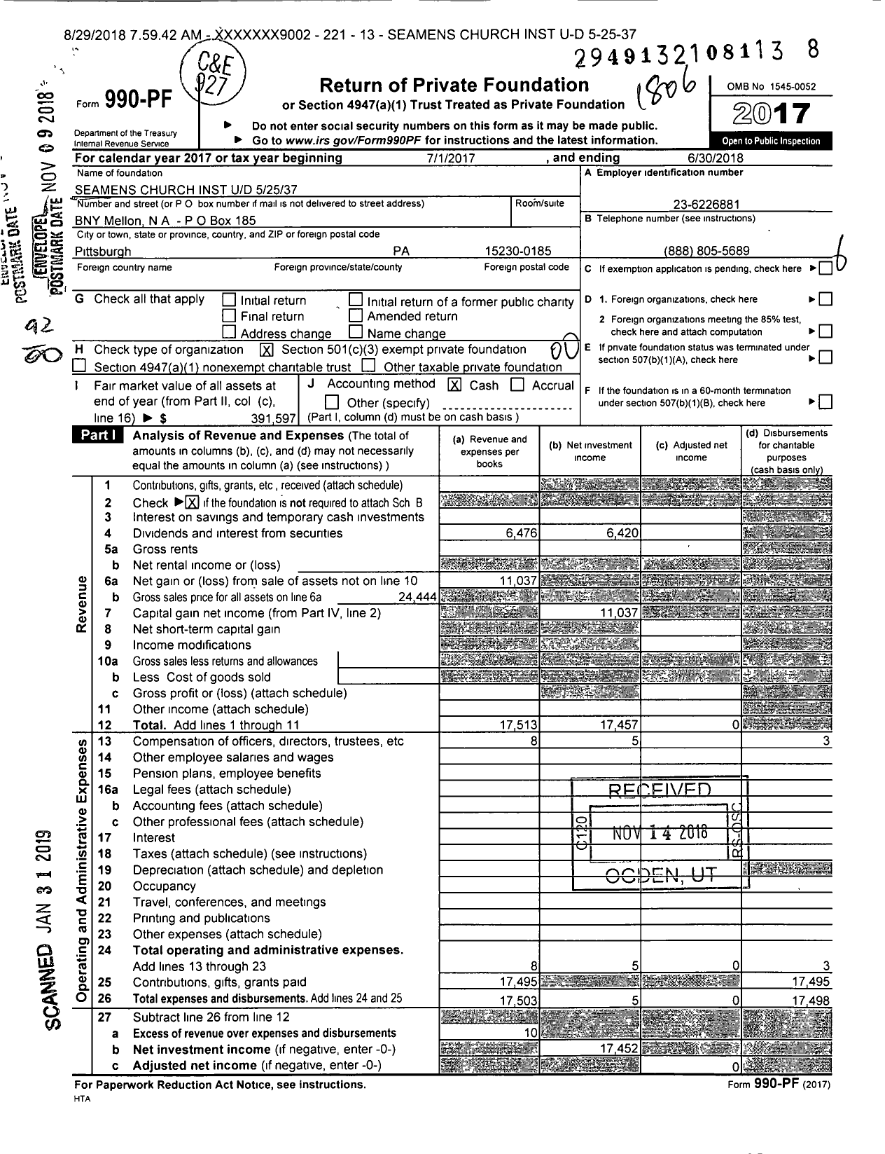 Image of first page of 2017 Form 990PF for Seamens Church Inst Ud 52537