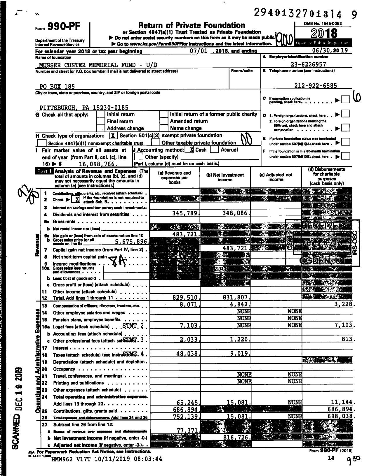 Image of first page of 2018 Form 990PF for Musser Custer Memorial Fund - Ud