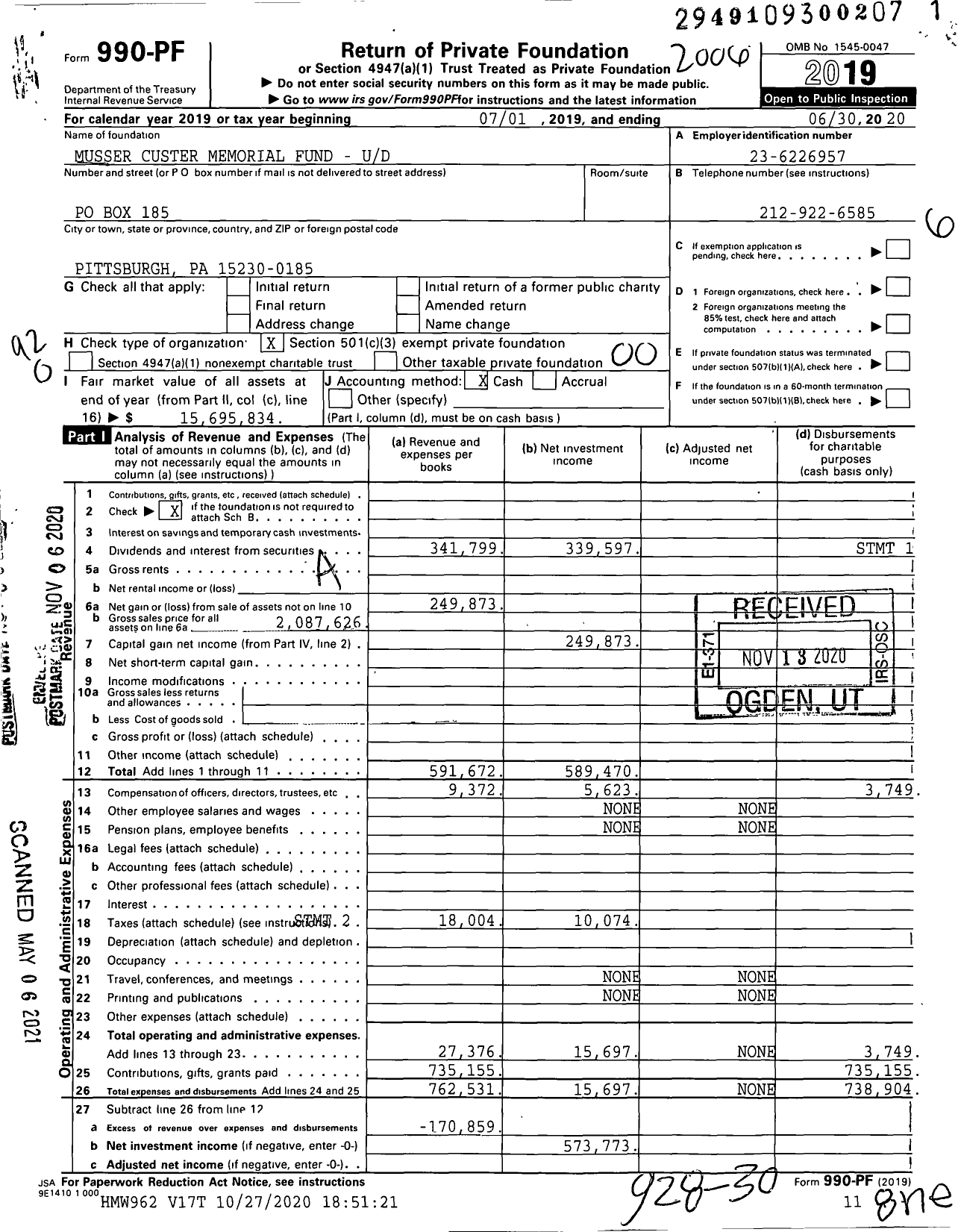 Image of first page of 2019 Form 990PF for Musser Custer Memorial Fund - Ud