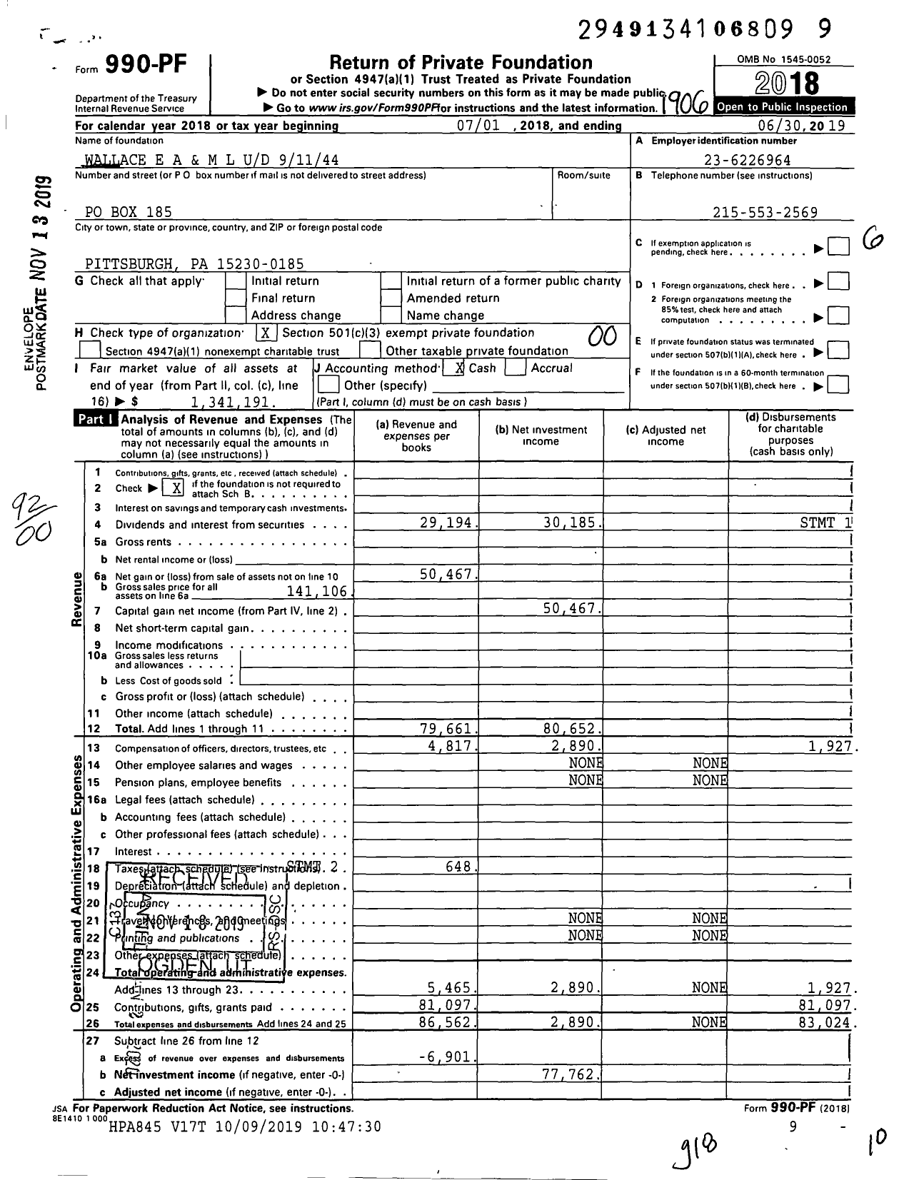 Image of first page of 2018 Form 990PF for Wallace E A and M L Ud 91144