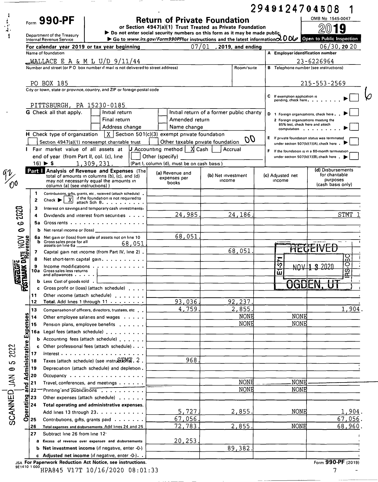 Image of first page of 2019 Form 990PF for Wallace E A and M L Ud 91144