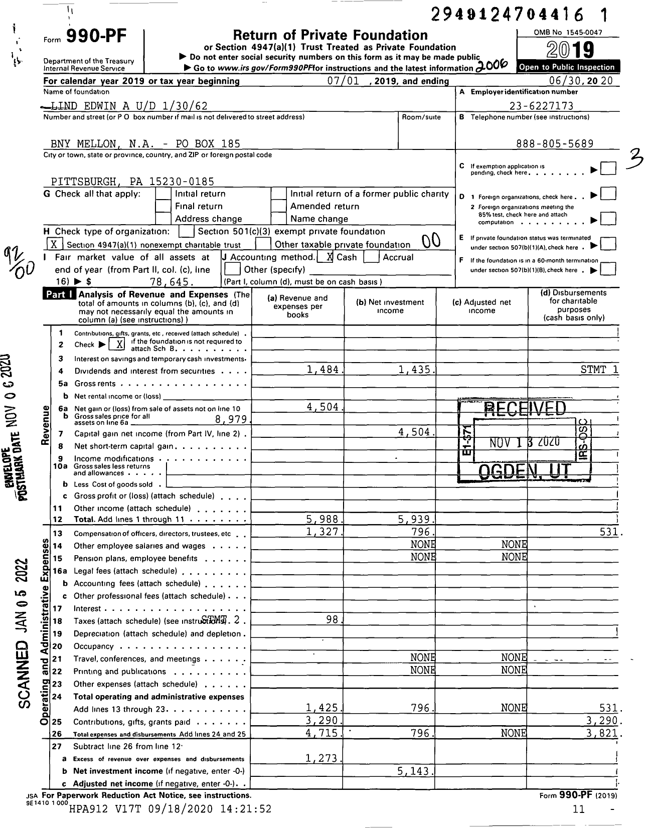 Image of first page of 2019 Form 990PF for Lind Edwin A Ud 13062