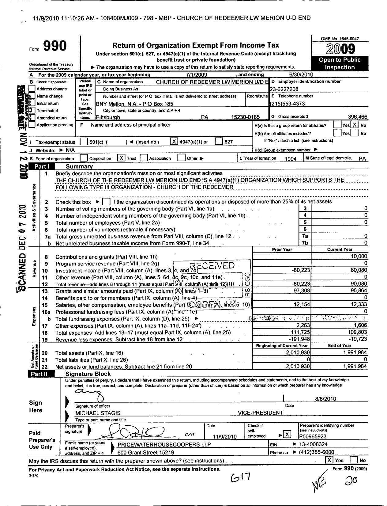 Image of first page of 2009 Form 990O for Church of the Redeemer LW Merion Ud End