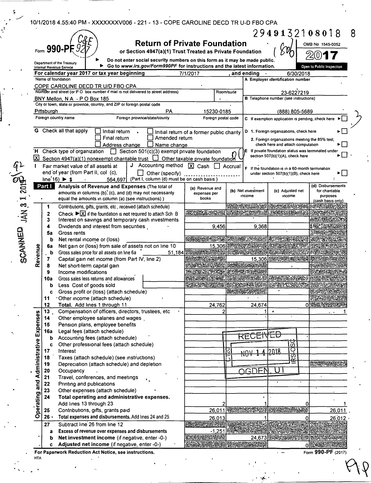 Image of first page of 2017 Form 990PF for Cope Caroline Decd TR Ud Fbo CPA